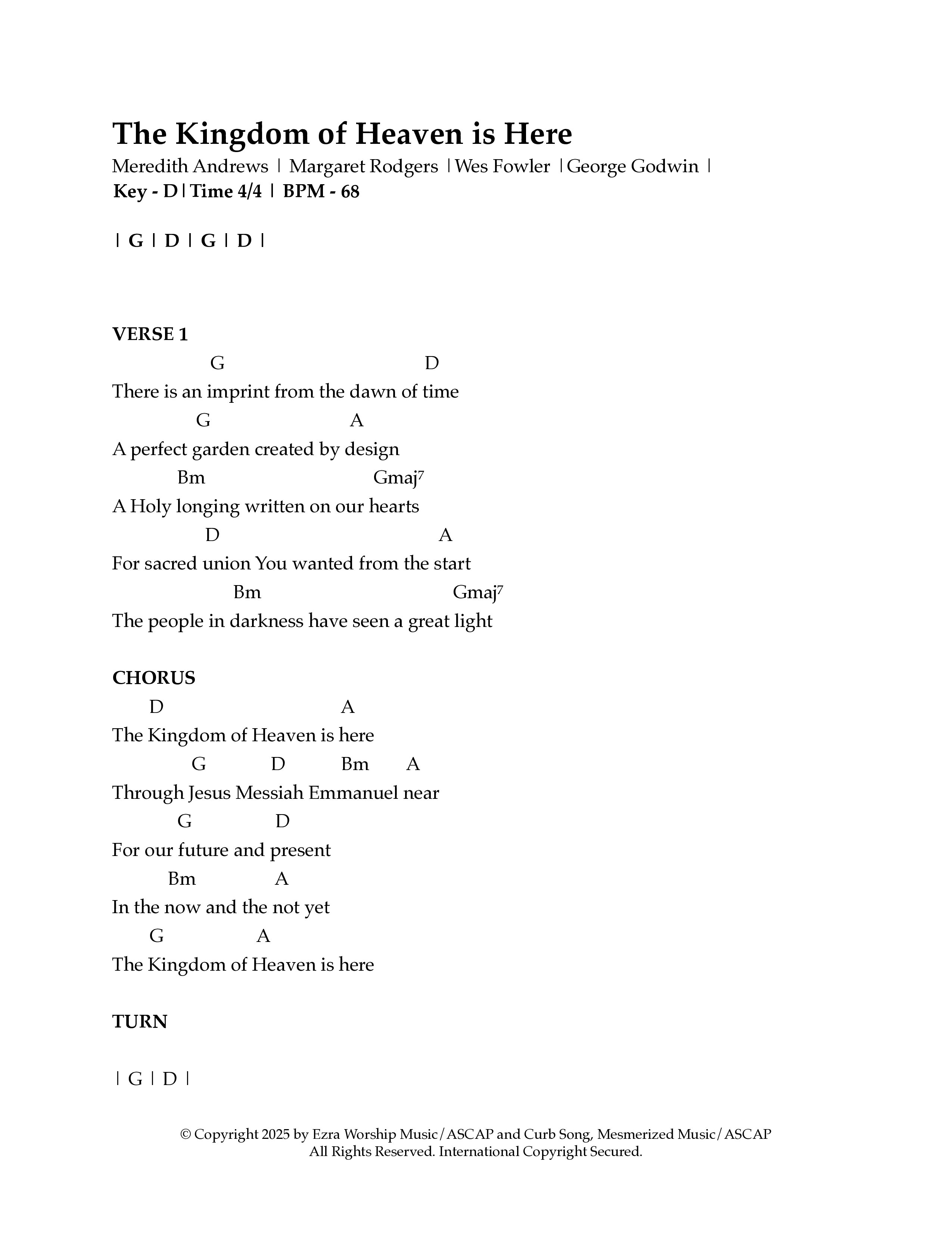 The Kingdom Of Heaven Is Here Chord Chart (Ezra Worship Initiative)