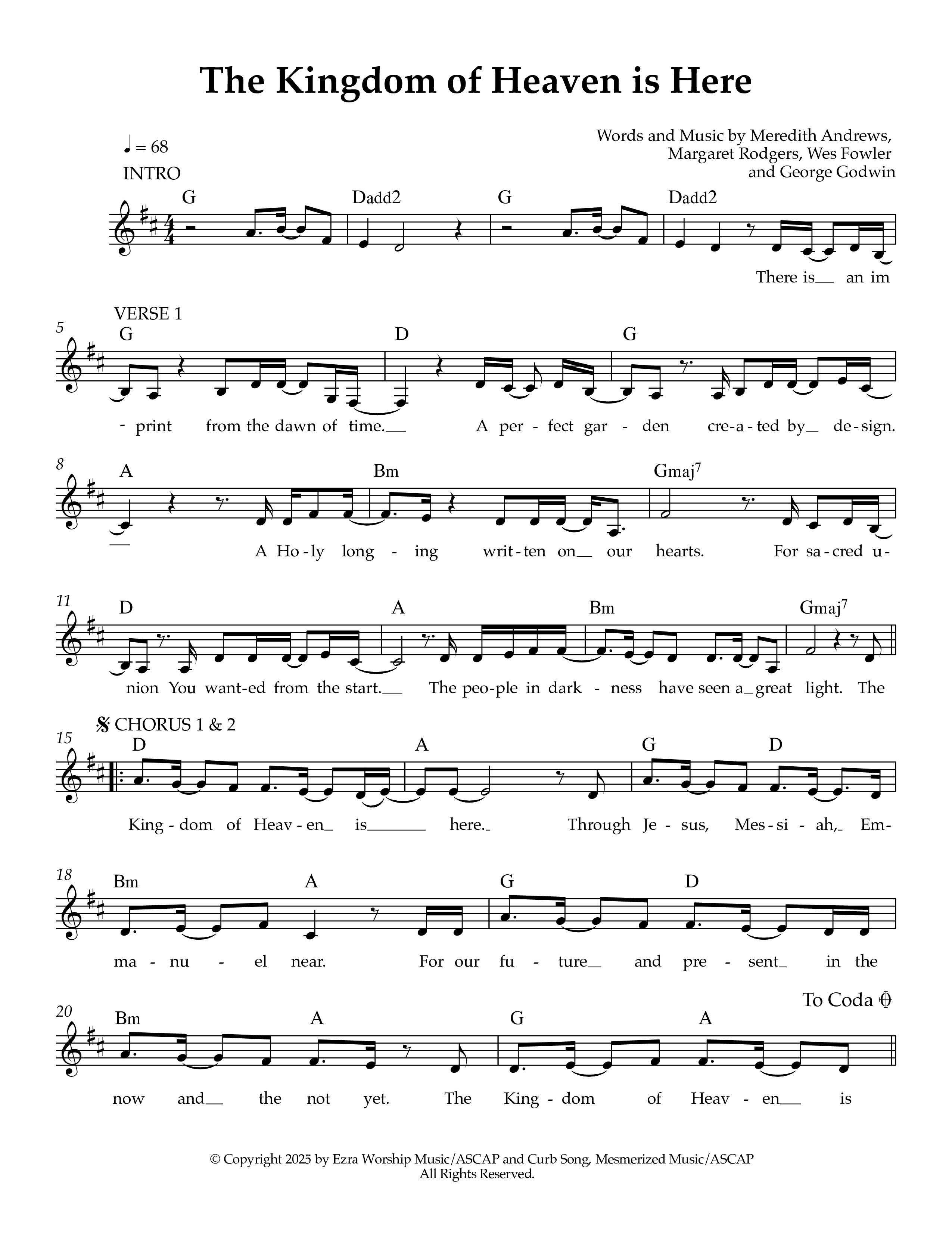 The Kingdom Of Heaven Is Here Lead Sheet Melody (Ezra Worship Initiative)