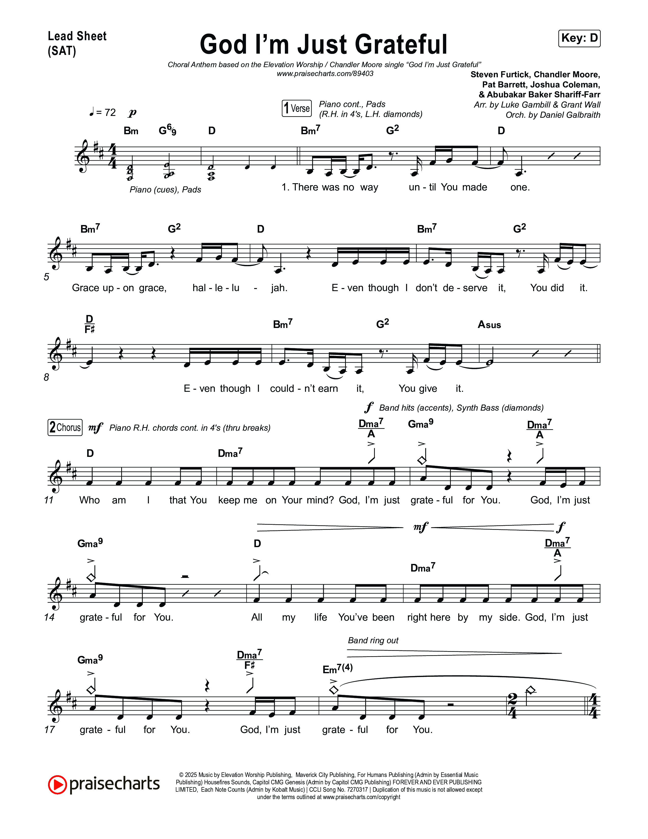 God I'm Just Grateful (Choral Anthem SATB) Lead Sheet (SAT) (Elevation Worship / Chandler Moore / Arr. Luke Gambill)