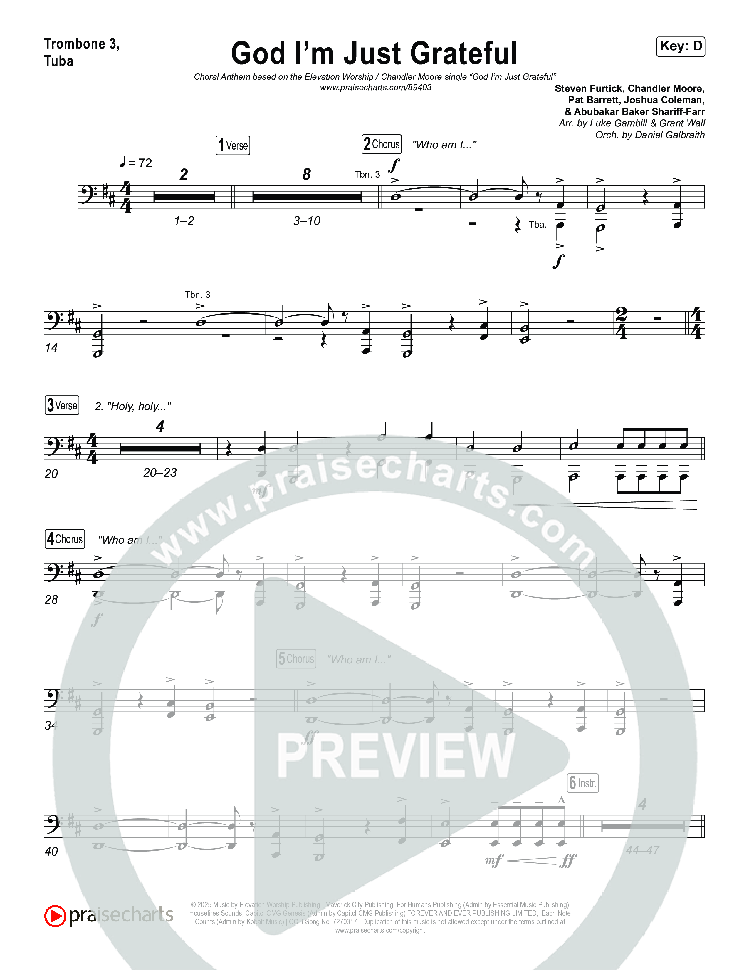 God I'm Just Grateful (Choral Anthem SATB) Trombone 3/Tuba (Elevation Worship / Chandler Moore / Arr. Luke Gambill)