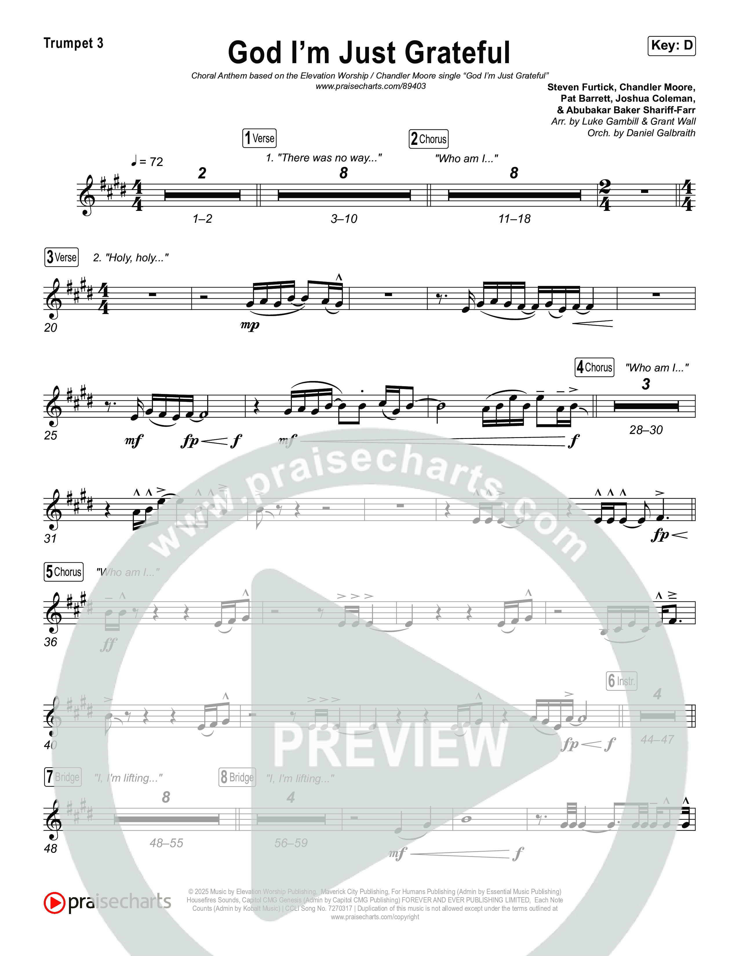 God I'm Just Grateful (Choral Anthem SATB) Trumpet 3 (Elevation Worship / Chandler Moore / Arr. Luke Gambill)