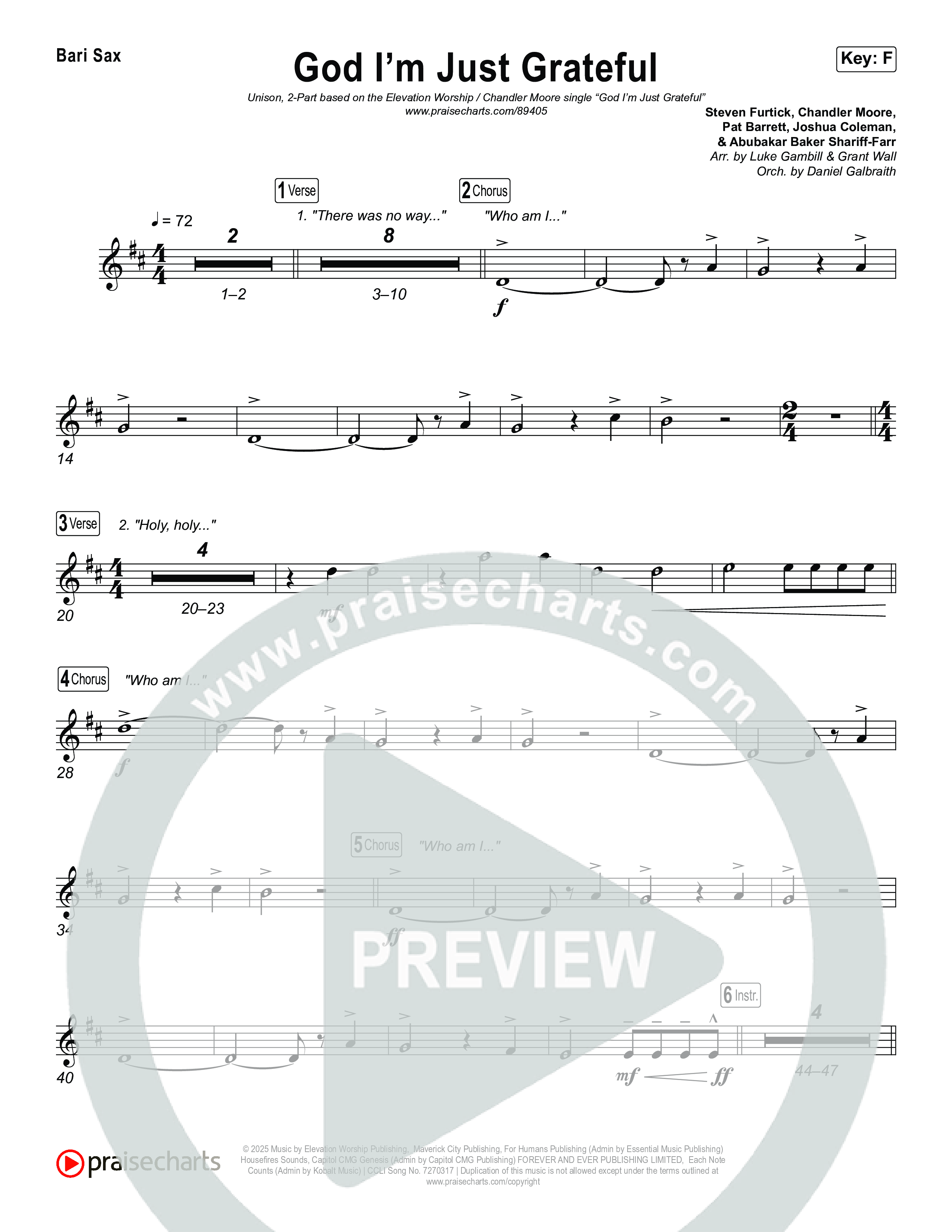 God I'm Just Grateful (Unison/2-Part) Bari Sax (Elevation Worship / Chandler Moore / Arr. Luke Gambill)