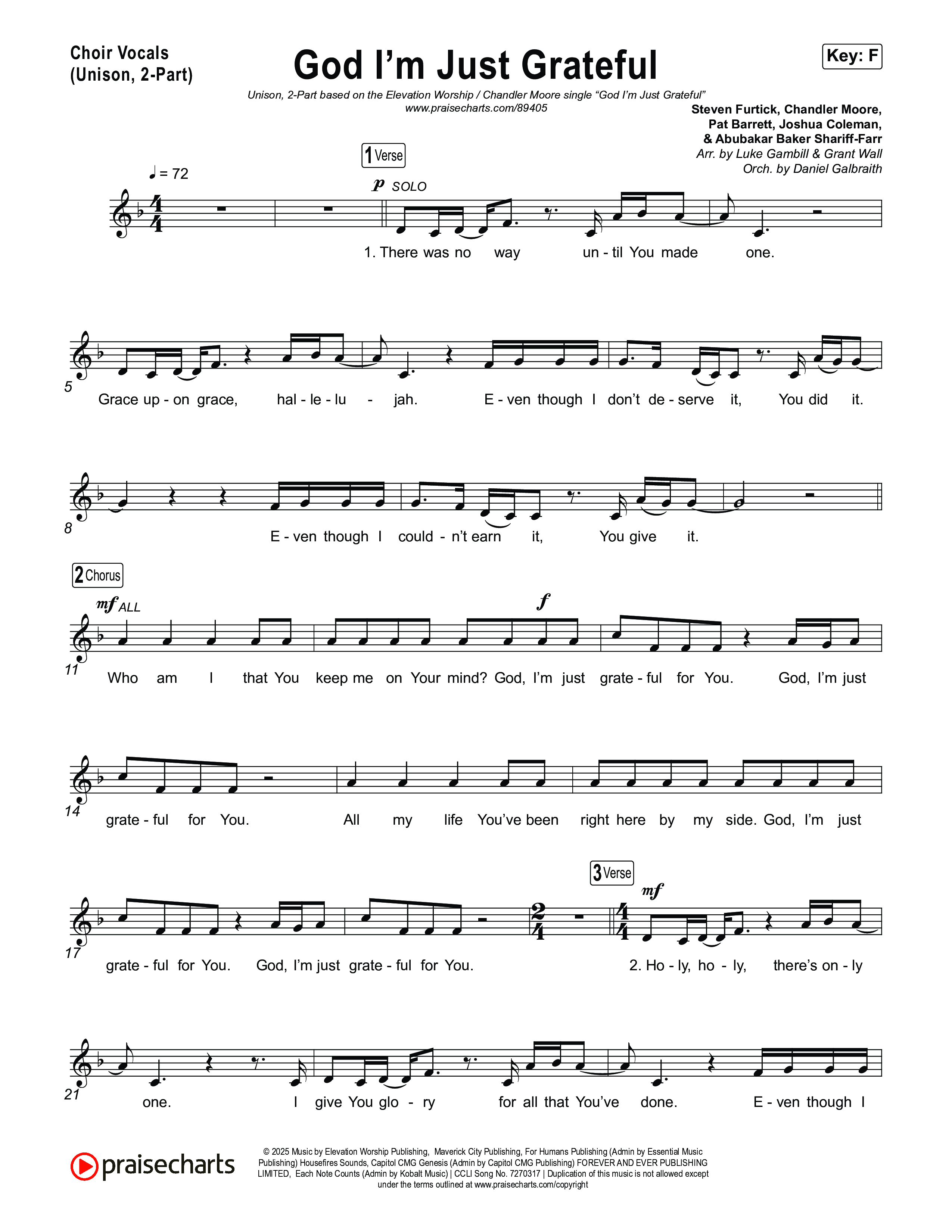 God I'm Just Grateful (Unison/2-Part) Choir Vocals (Uni/2-Part) (Elevation Worship / Chandler Moore / Arr. Luke Gambill)