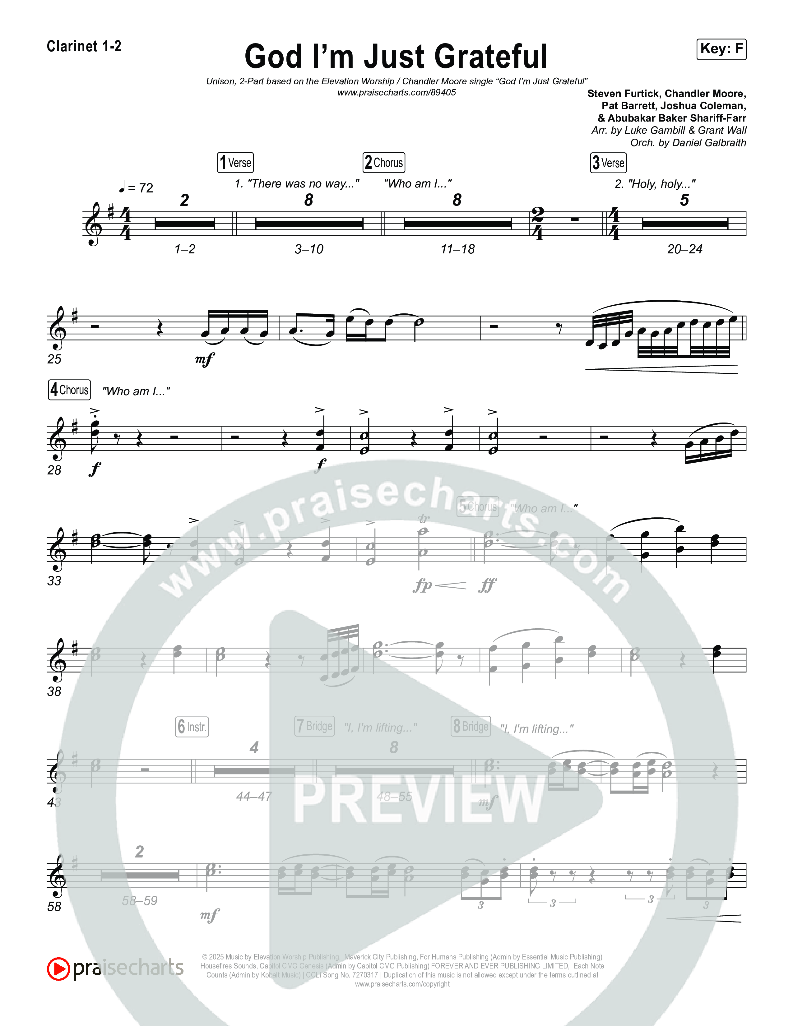 God I'm Just Grateful (Unison/2-Part) Clarinet 1/2 (Elevation Worship / Chandler Moore / Arr. Luke Gambill)