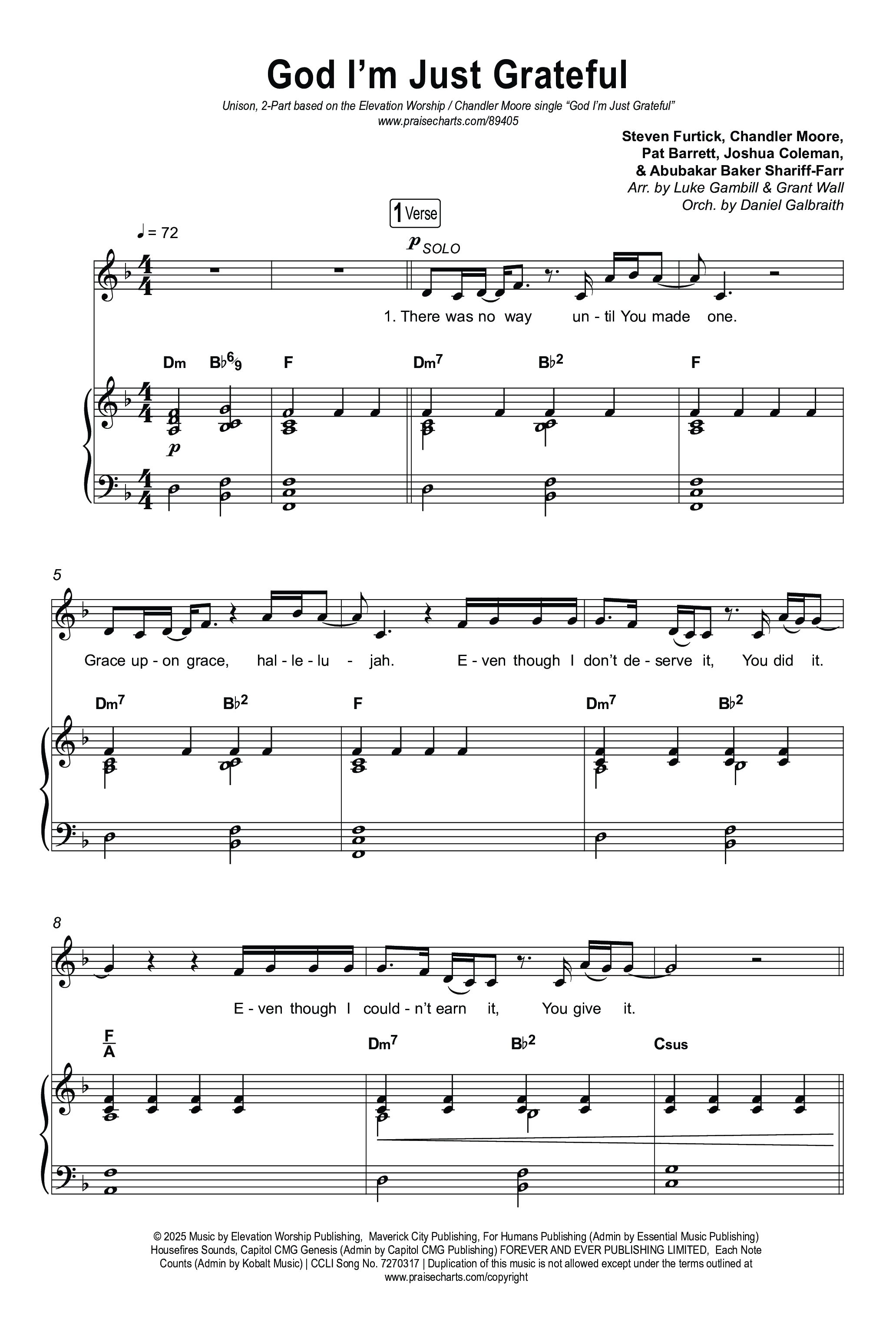 God I'm Just Grateful (Unison/2-Part) Octavo (Uni/2-Part & Pno) (Elevation Worship / Chandler Moore / Arr. Luke Gambill)