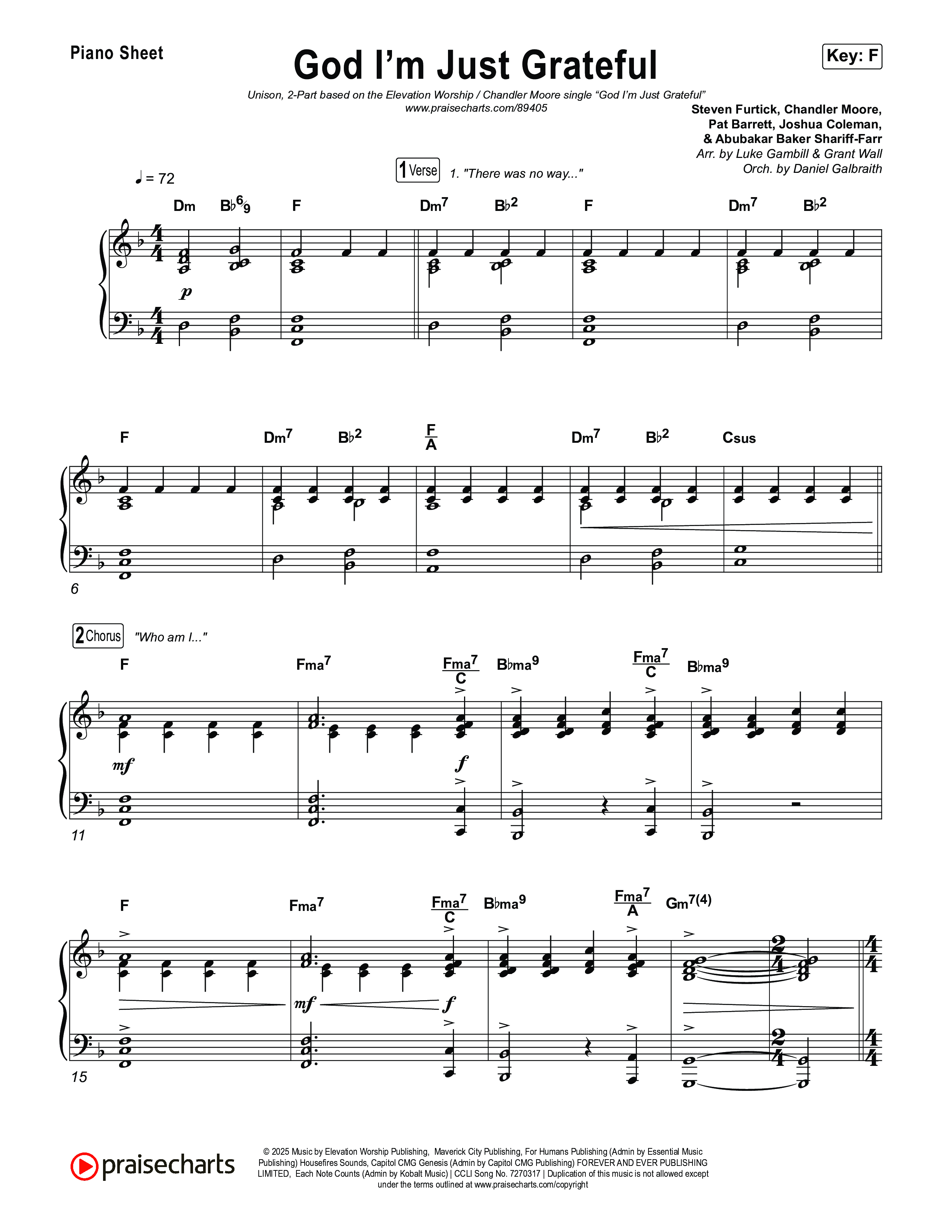 God I'm Just Grateful (Unison/2-Part) Piano Sheet (Elevation Worship / Chandler Moore / Arr. Luke Gambill)