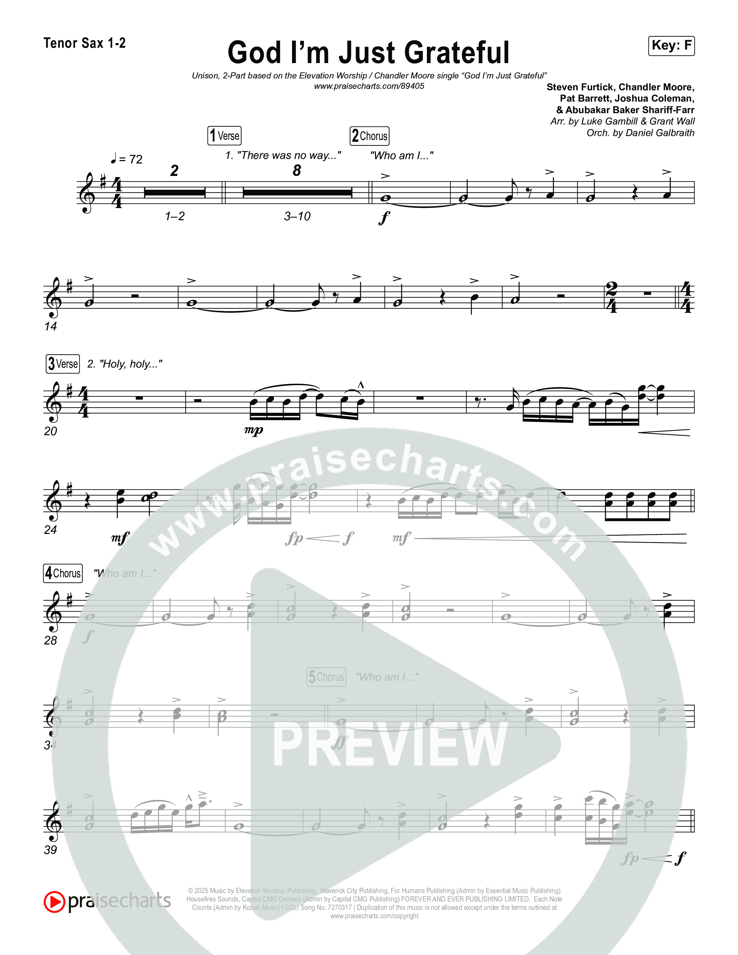 God I'm Just Grateful (Unison/2-Part) Tenor Sax 1/2 (Elevation Worship / Chandler Moore / Arr. Luke Gambill)