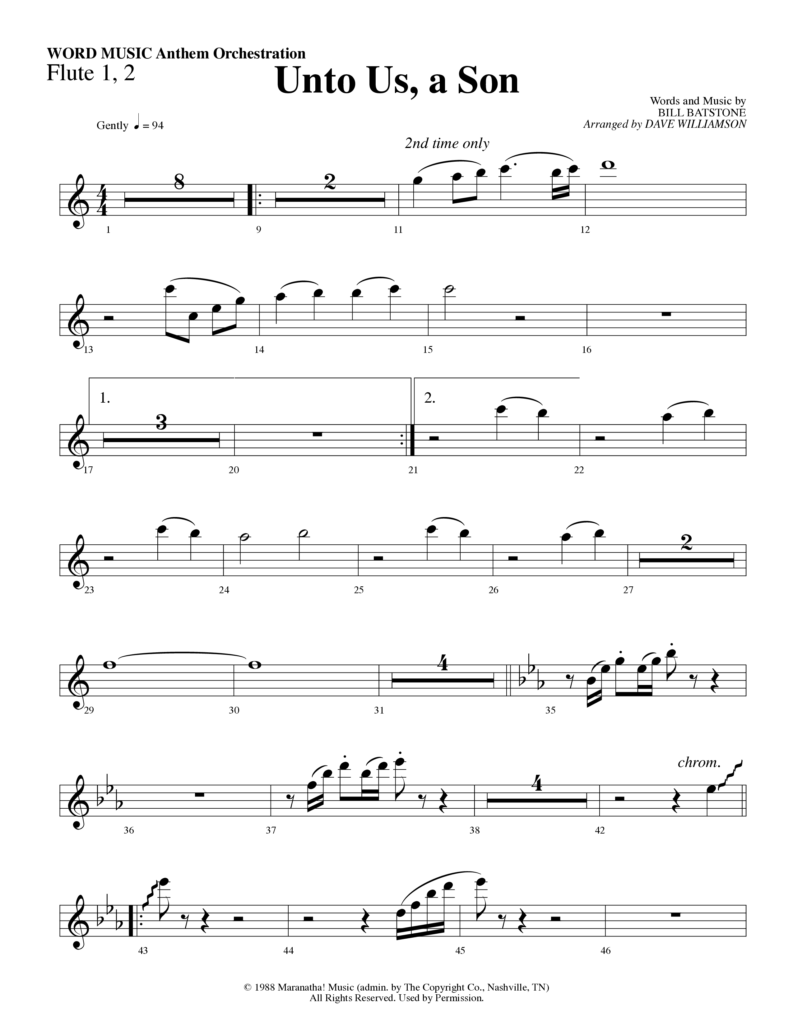 Unto Us A Son (Choral Anthem SATB) Flute 1/2 (Word Music Choral / Arr. Dave Williamson)