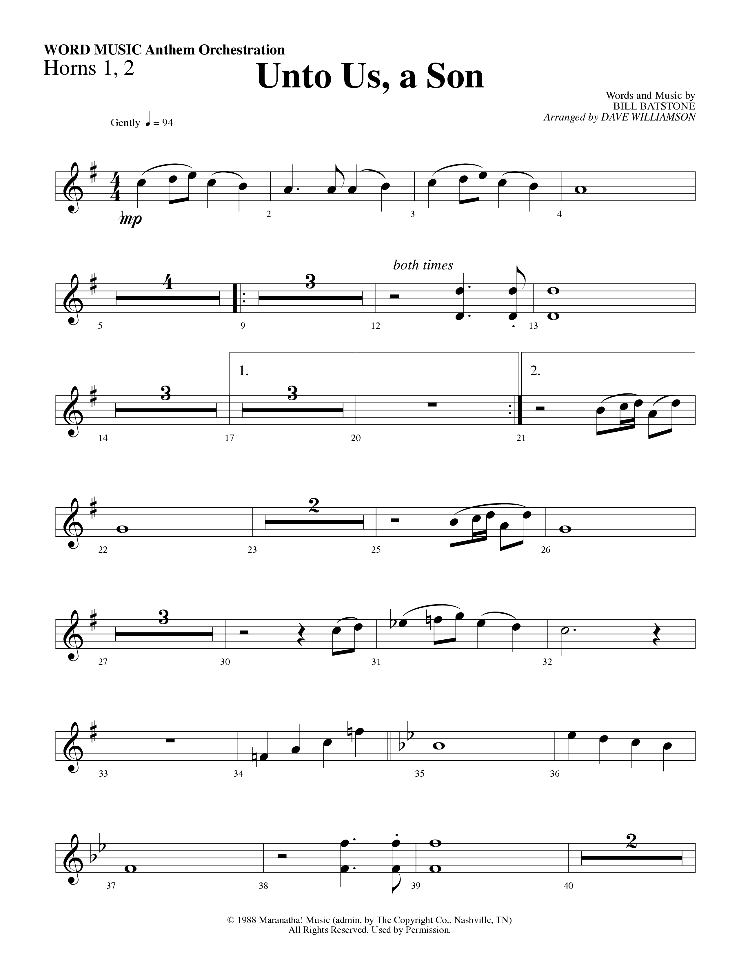 Unto Us A Son (Choral Anthem SATB) French Horn 1/2 (Word Music Choral / Arr. Dave Williamson)