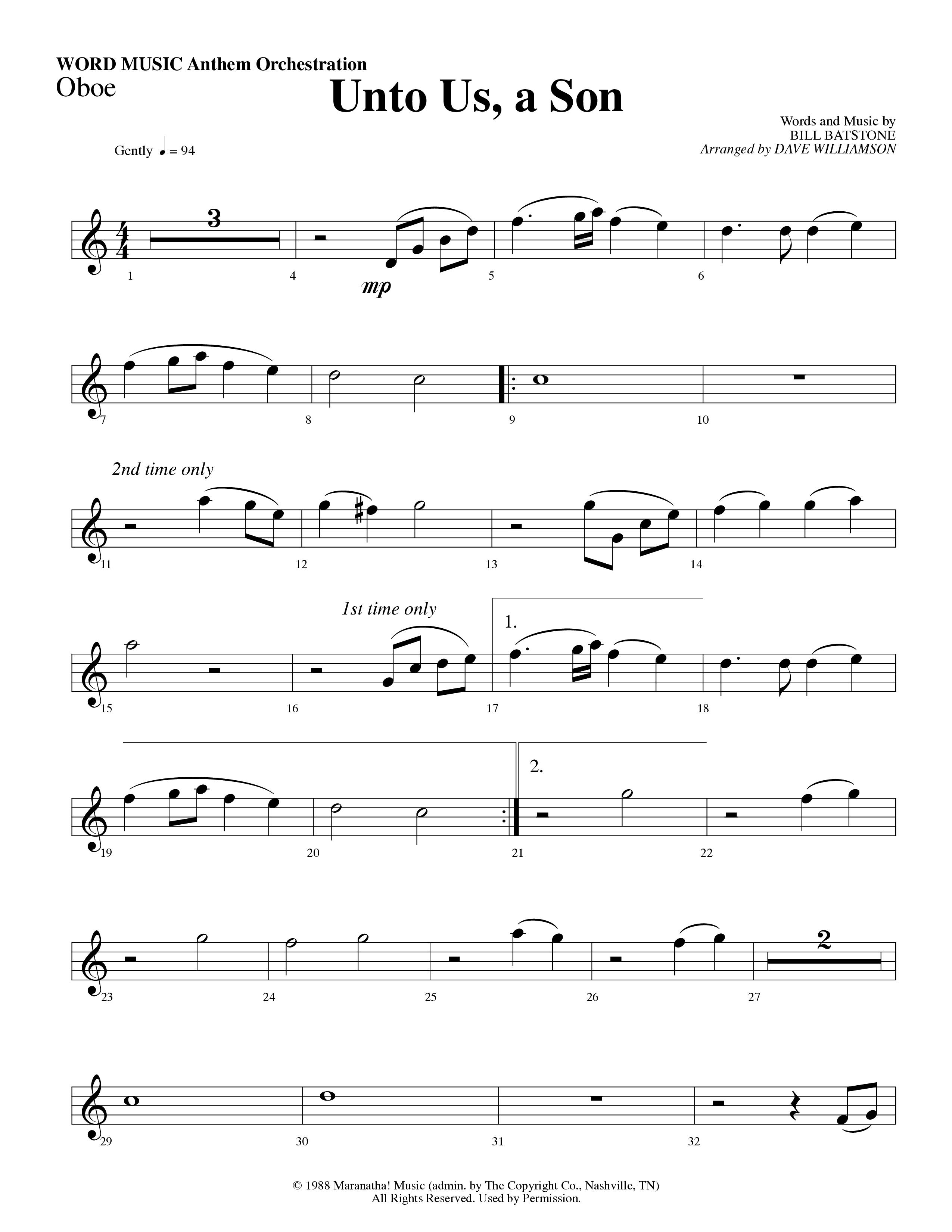 Unto Us A Son (Choral Anthem SATB) Oboe (Word Music Choral / Arr. Dave Williamson)