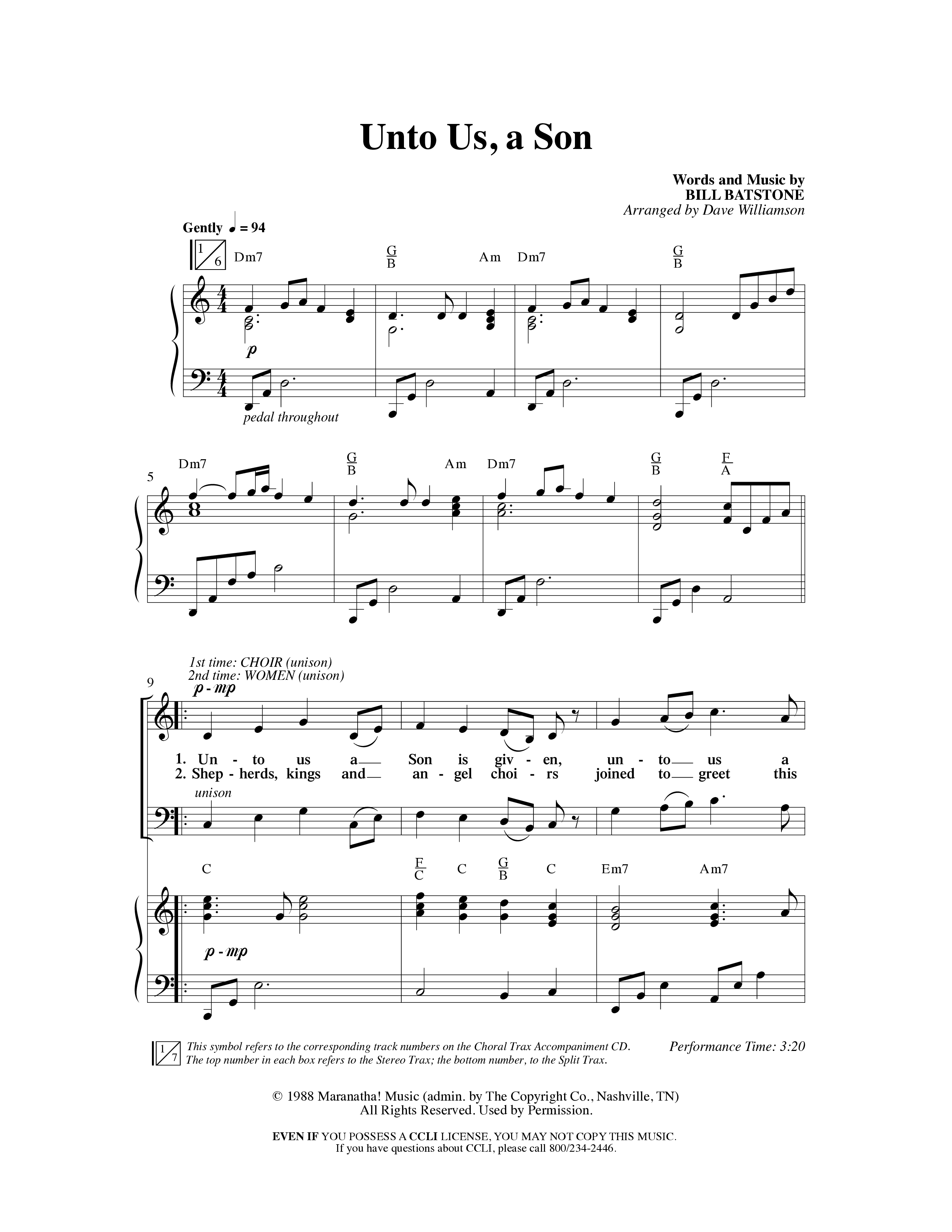 Unto Us A Son (Choral Anthem SATB) Anthem (SATB/Piano) (Word Music Choral / Arr. Dave Williamson)