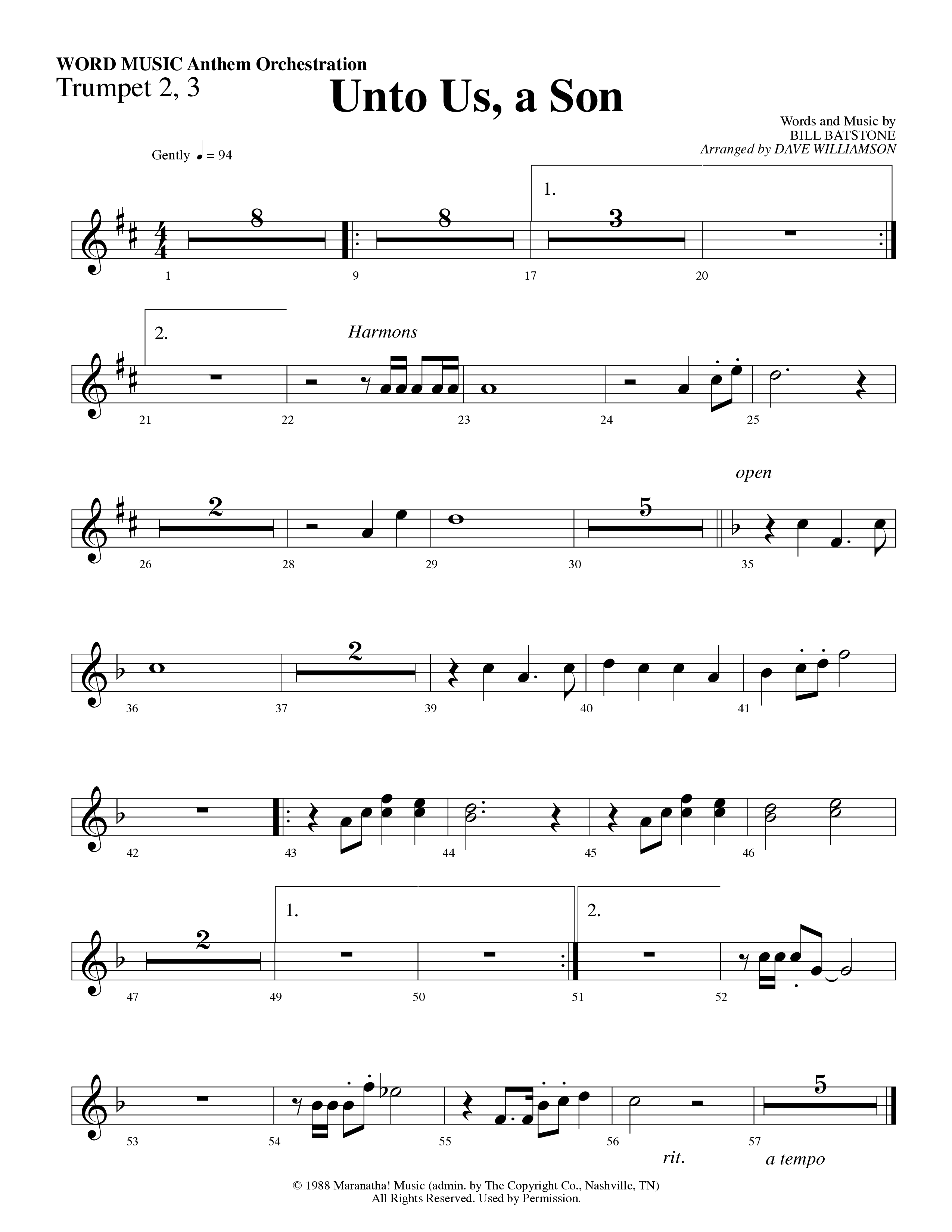 Unto Us A Son (Choral Anthem SATB) Trumpet 2/3 (Word Music Choral / Arr. Dave Williamson)