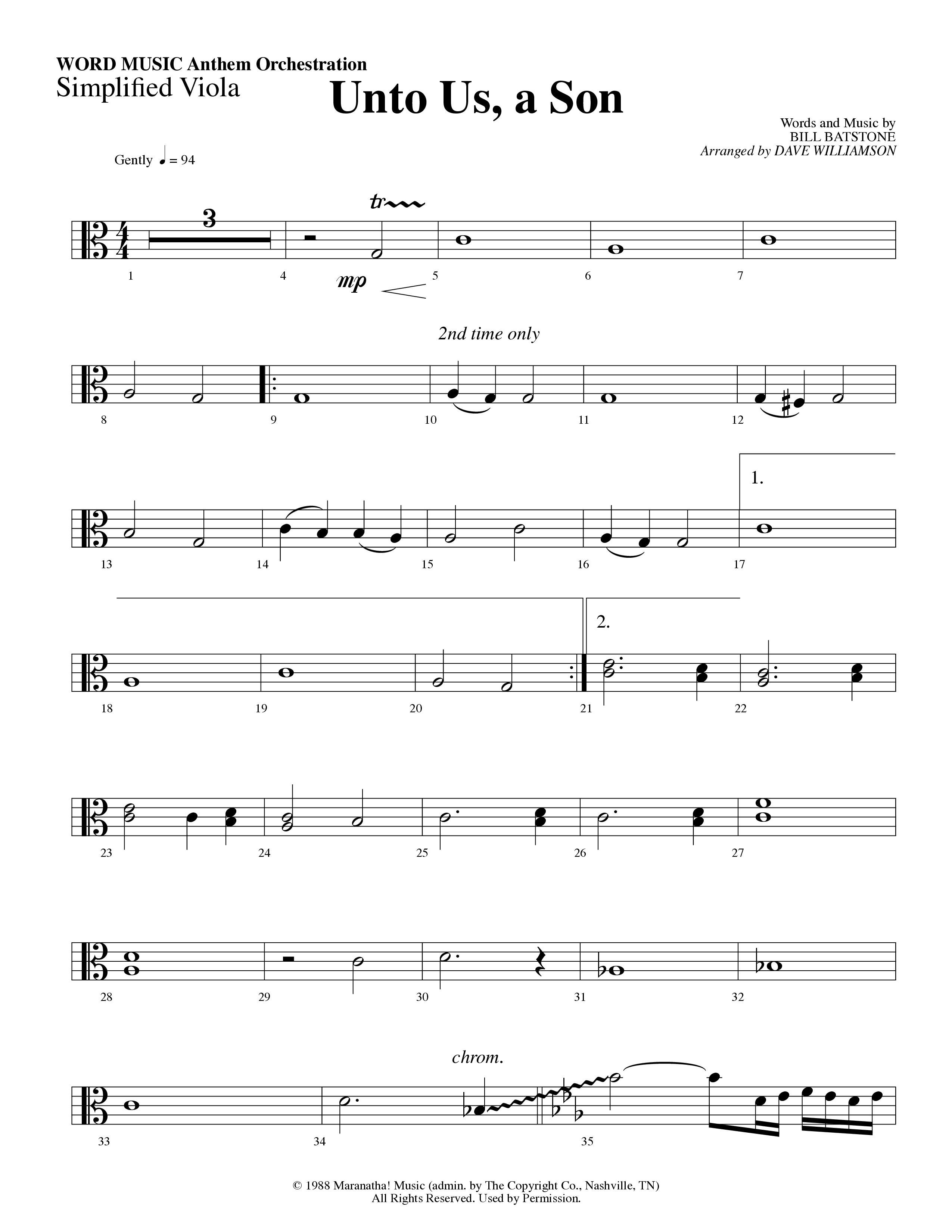 Unto Us A Son (Choral Anthem SATB) Viola (Word Music Choral / Arr. Dave Williamson)