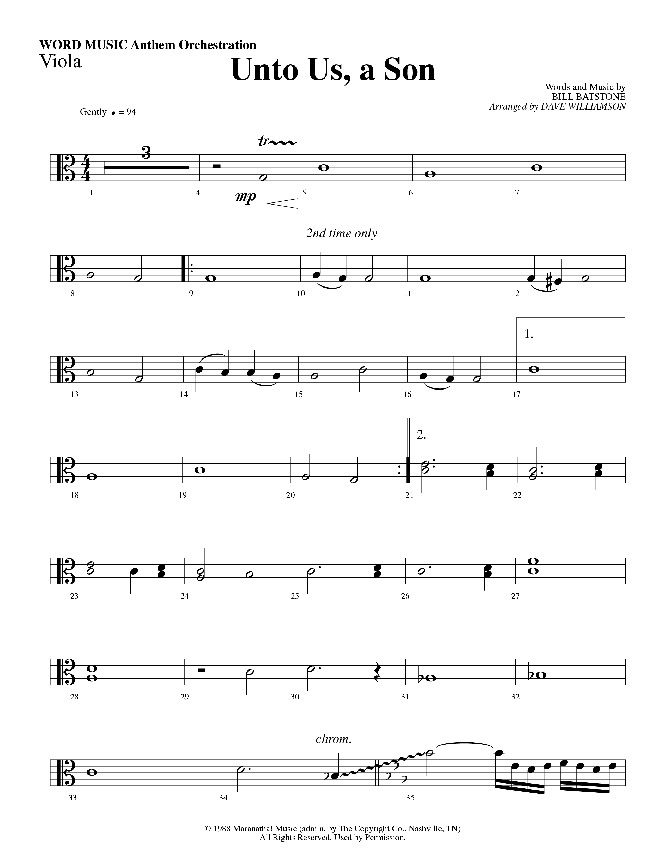 Unto Us A Son (Choral Anthem SATB) Viola (Word Music Choral / Arr. Dave Williamson)
