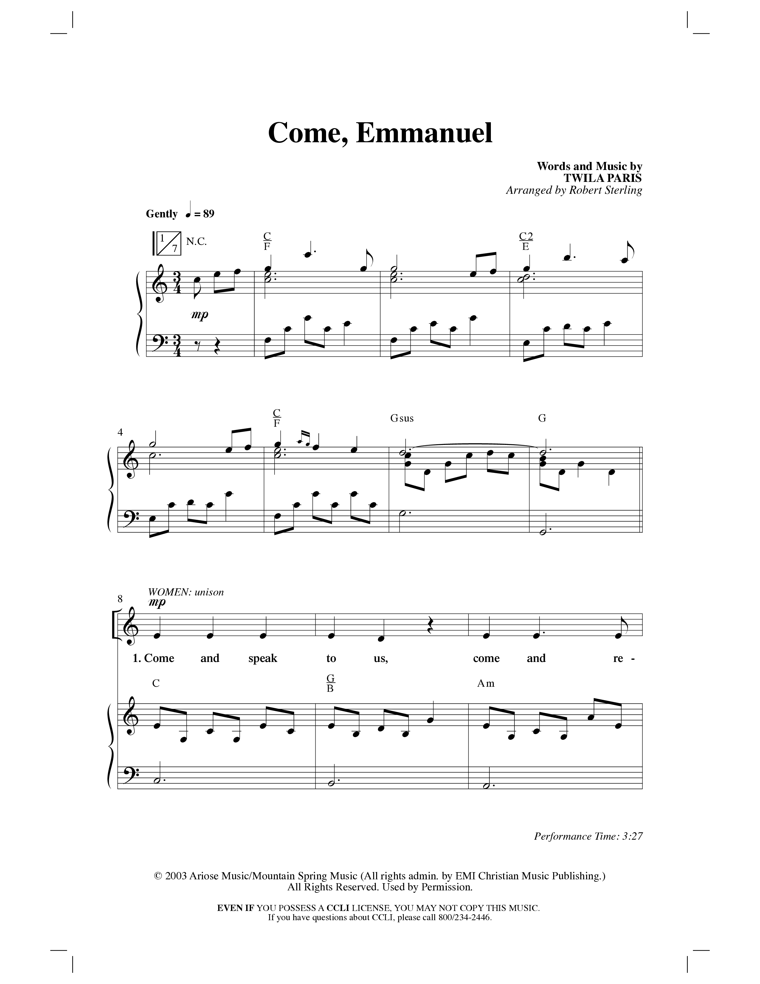 Come Emmanuel (Choral Anthem SATB) Anthem (SATB/Piano) (Word Music Choral / Arr. Robert Sterling)