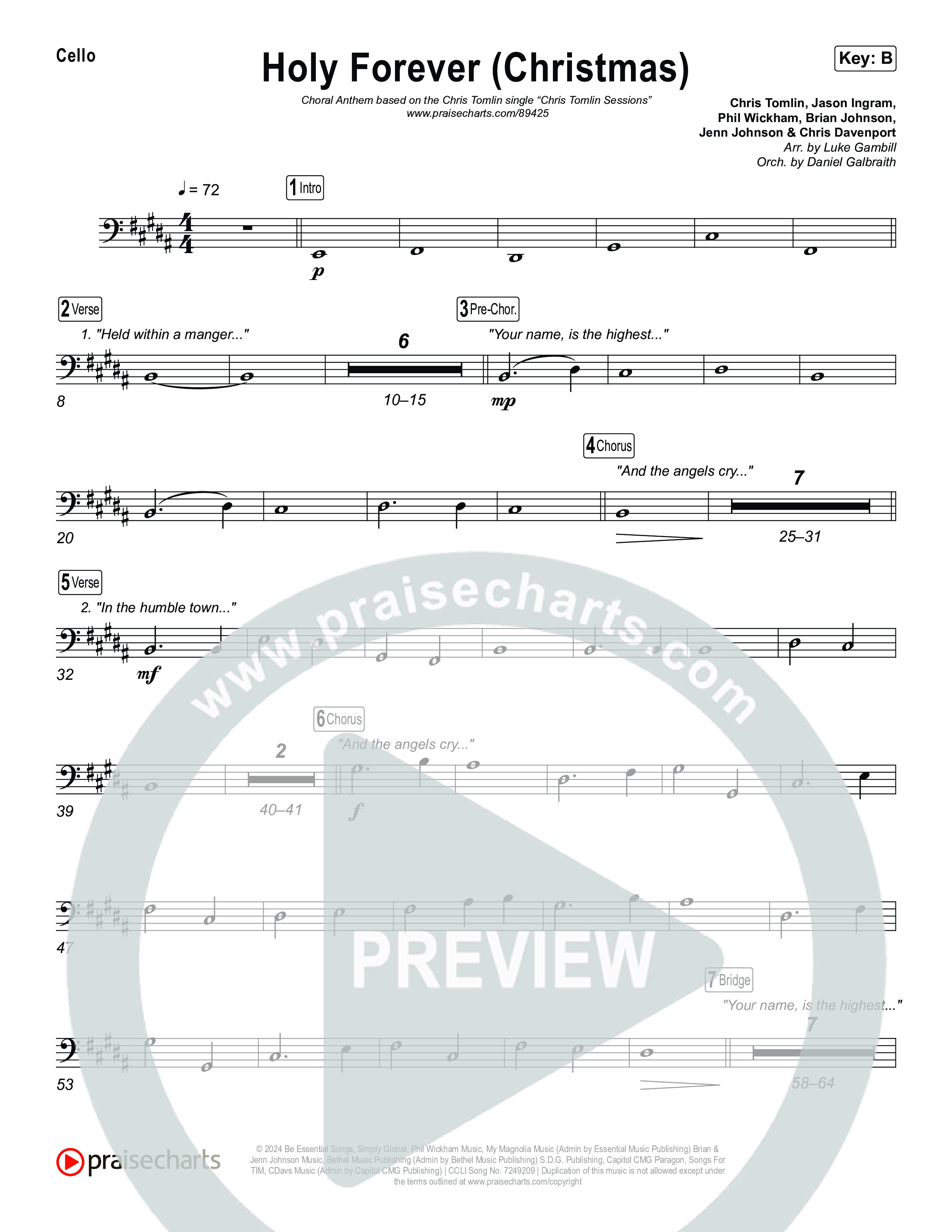 Holy Forever (Christmas) (Choral Anthem SATB) Cello (Chris Tomlin / Arr. Luke Gambill)
