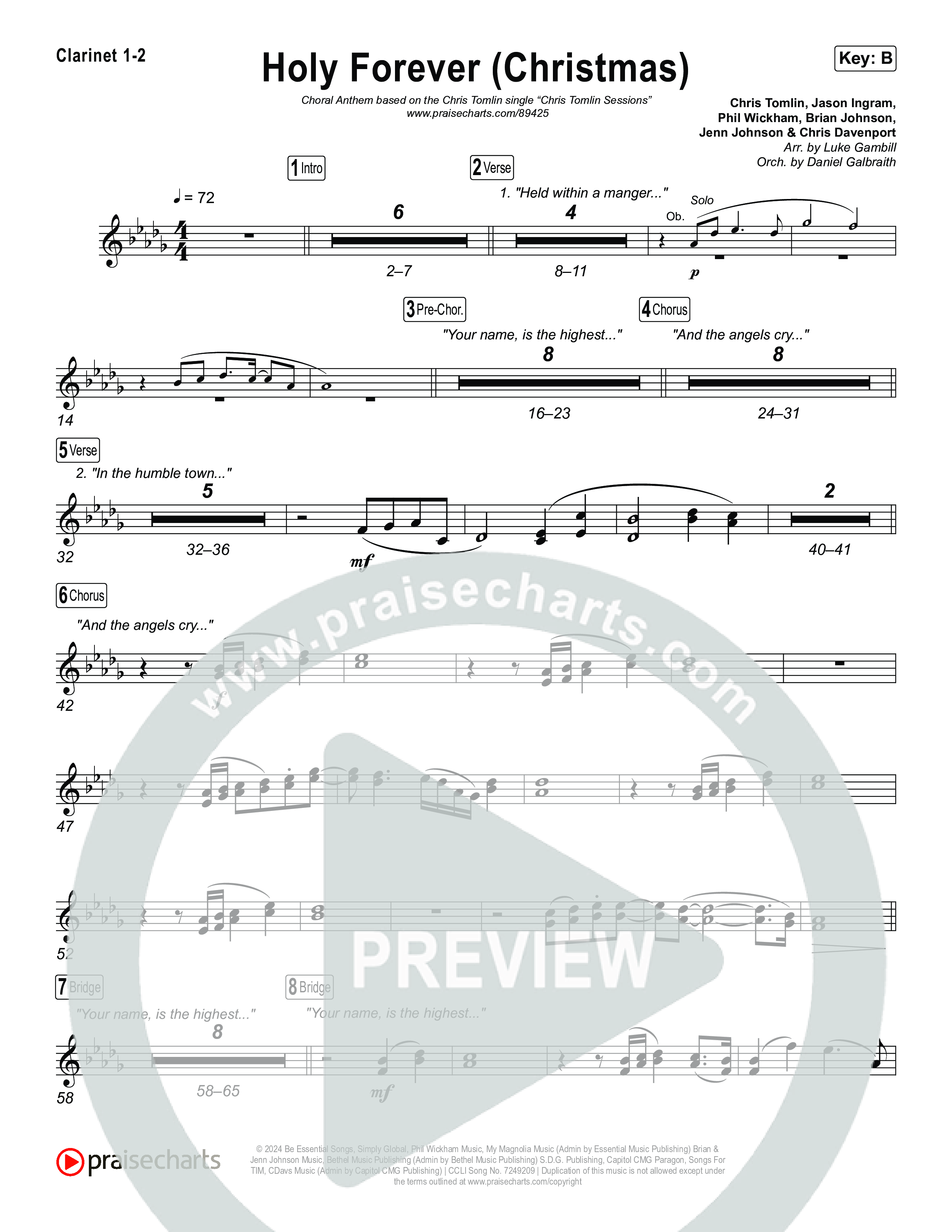 Holy Forever (Christmas) (Choral Anthem SATB) Clarinet 1,2 (Chris Tomlin / Arr. Luke Gambill)