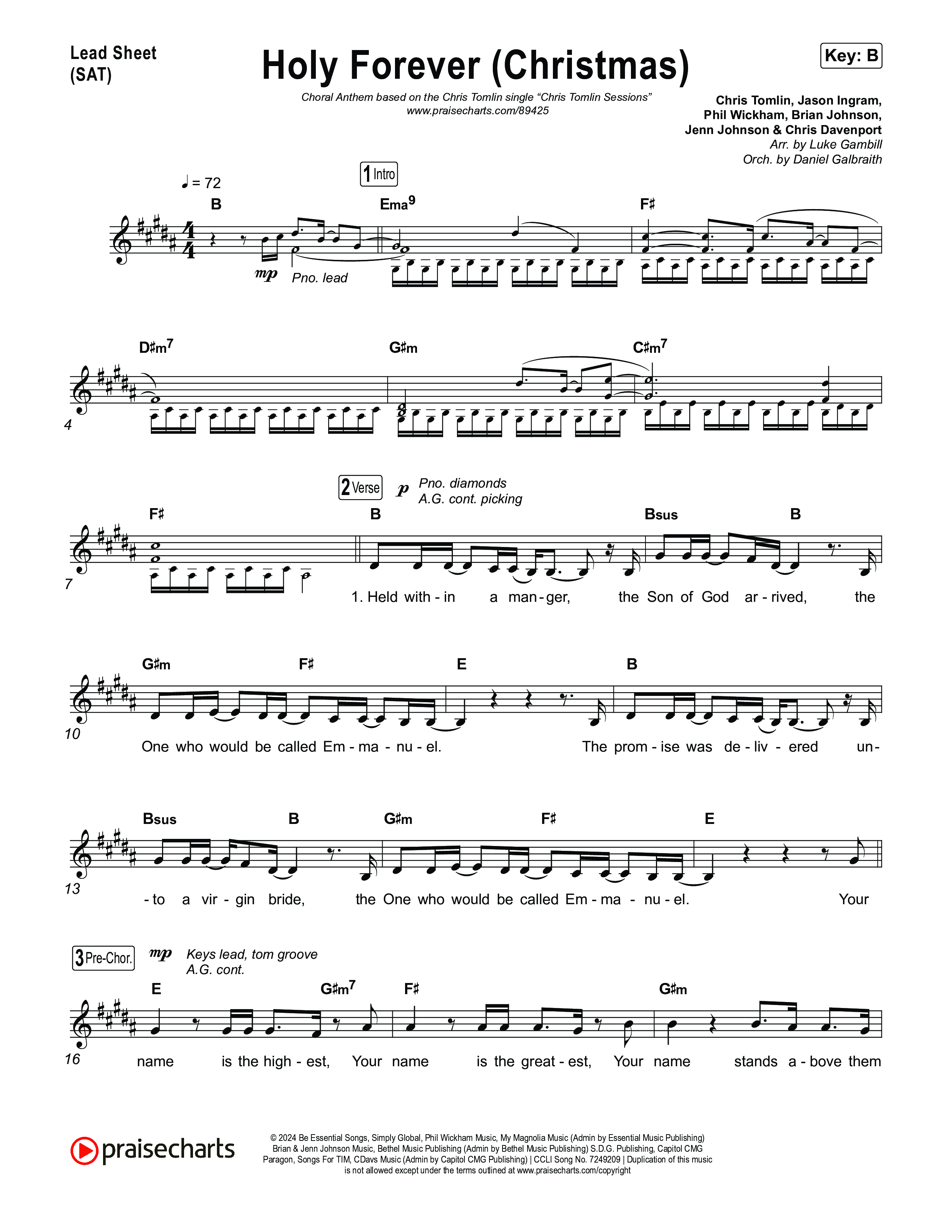Holy Forever (Christmas) (Choral Anthem SATB) Lead Sheet (SAT) (Chris Tomlin / Arr. Luke Gambill)