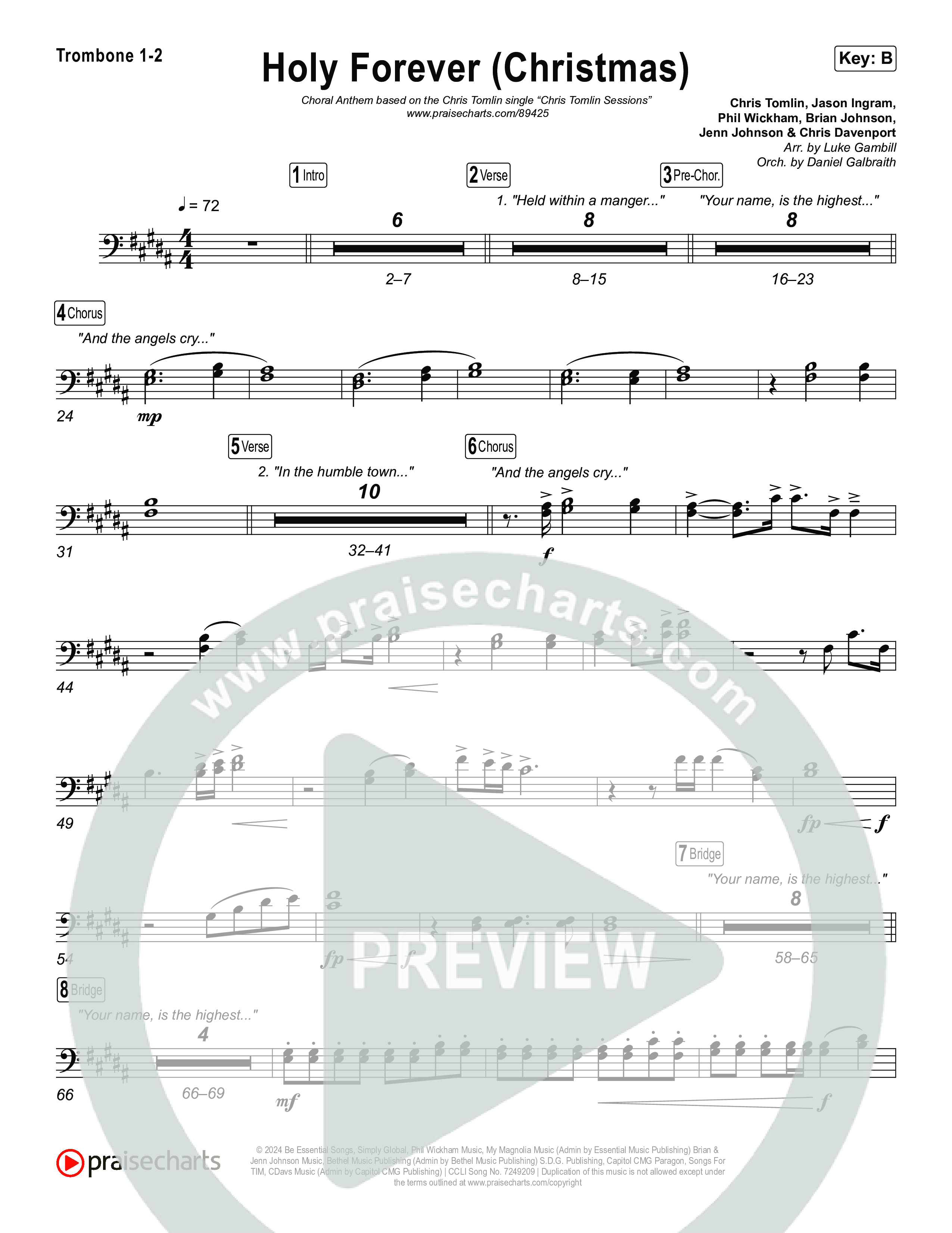 Holy Forever (Christmas) (Choral Anthem SATB) Trombone 1/2 (Chris Tomlin / Arr. Luke Gambill)