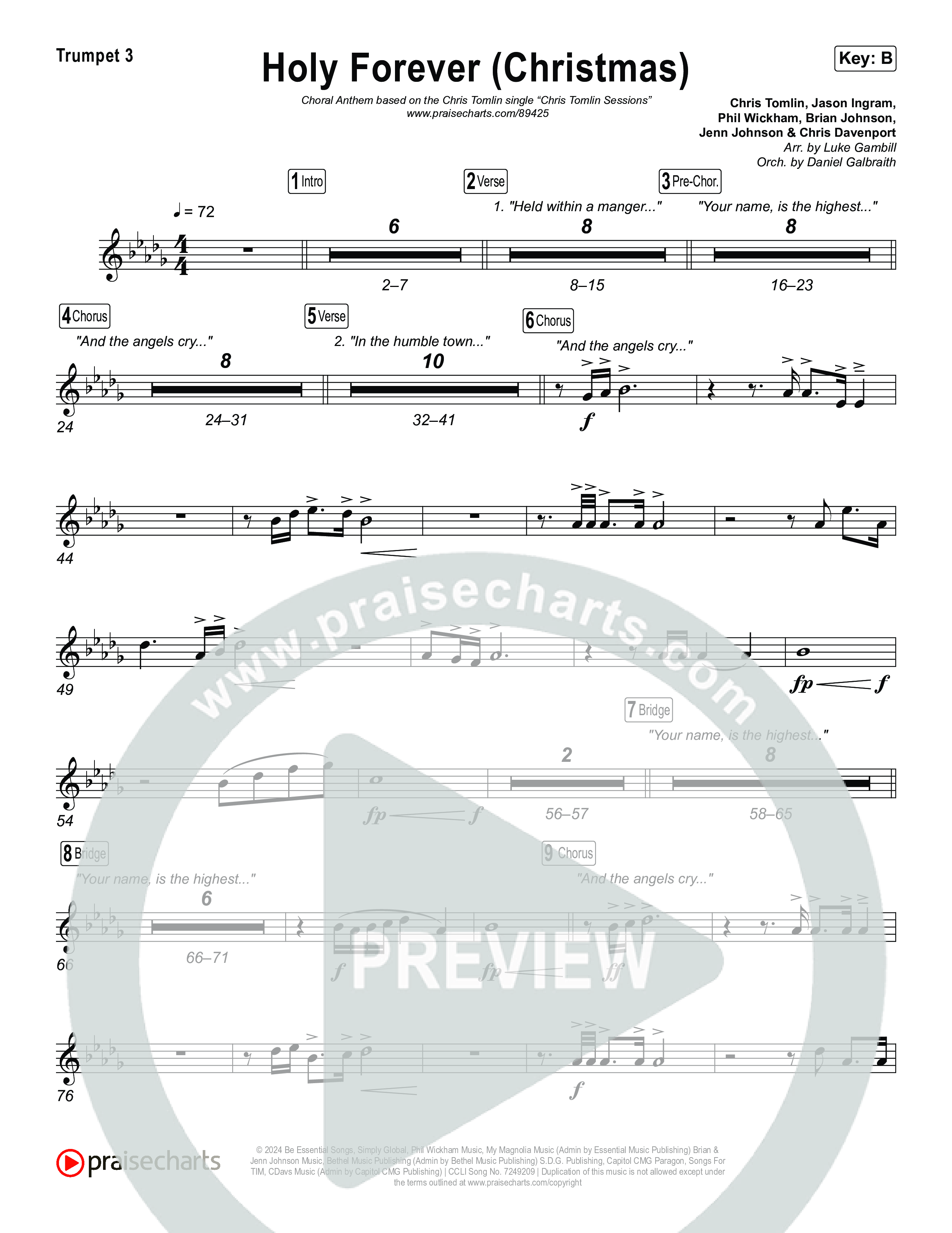 Holy Forever (Christmas) (Choral Anthem SATB) Trumpet 3 (Chris Tomlin / Arr. Luke Gambill)