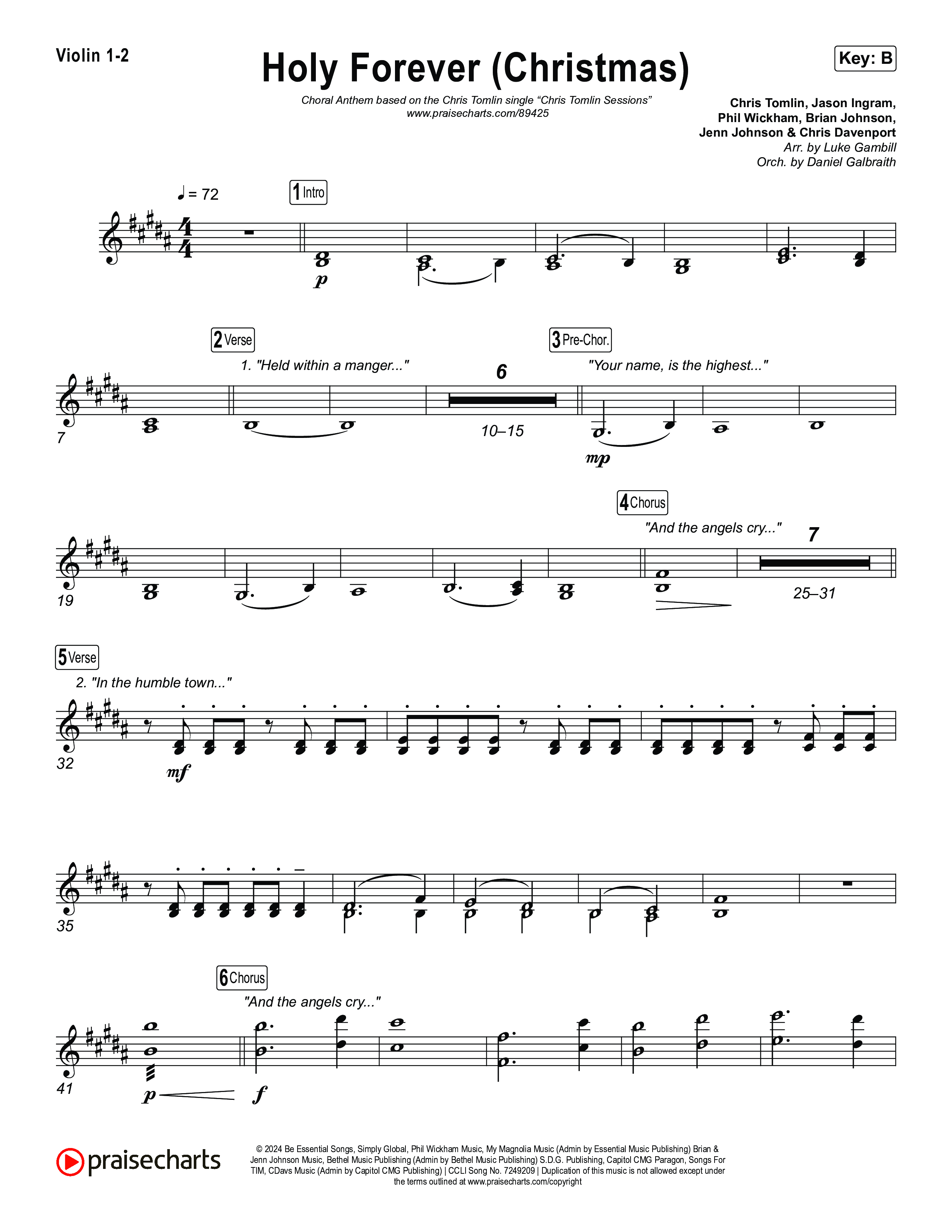 Holy Forever (Christmas) (Choral Anthem SATB) Violin 1,2 (Chris Tomlin / Arr. Luke Gambill)