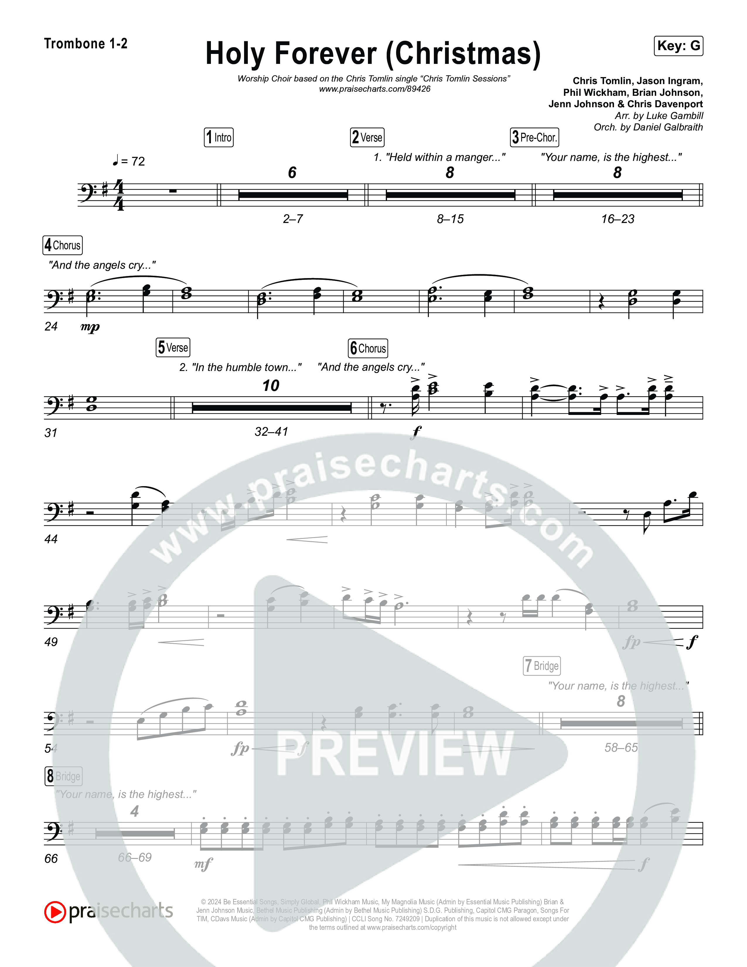 Holy Forever (Christmas) (Worship Choir/SAB) Trombone 1/2 (Chris Tomlin / Arr. Luke Gambill)