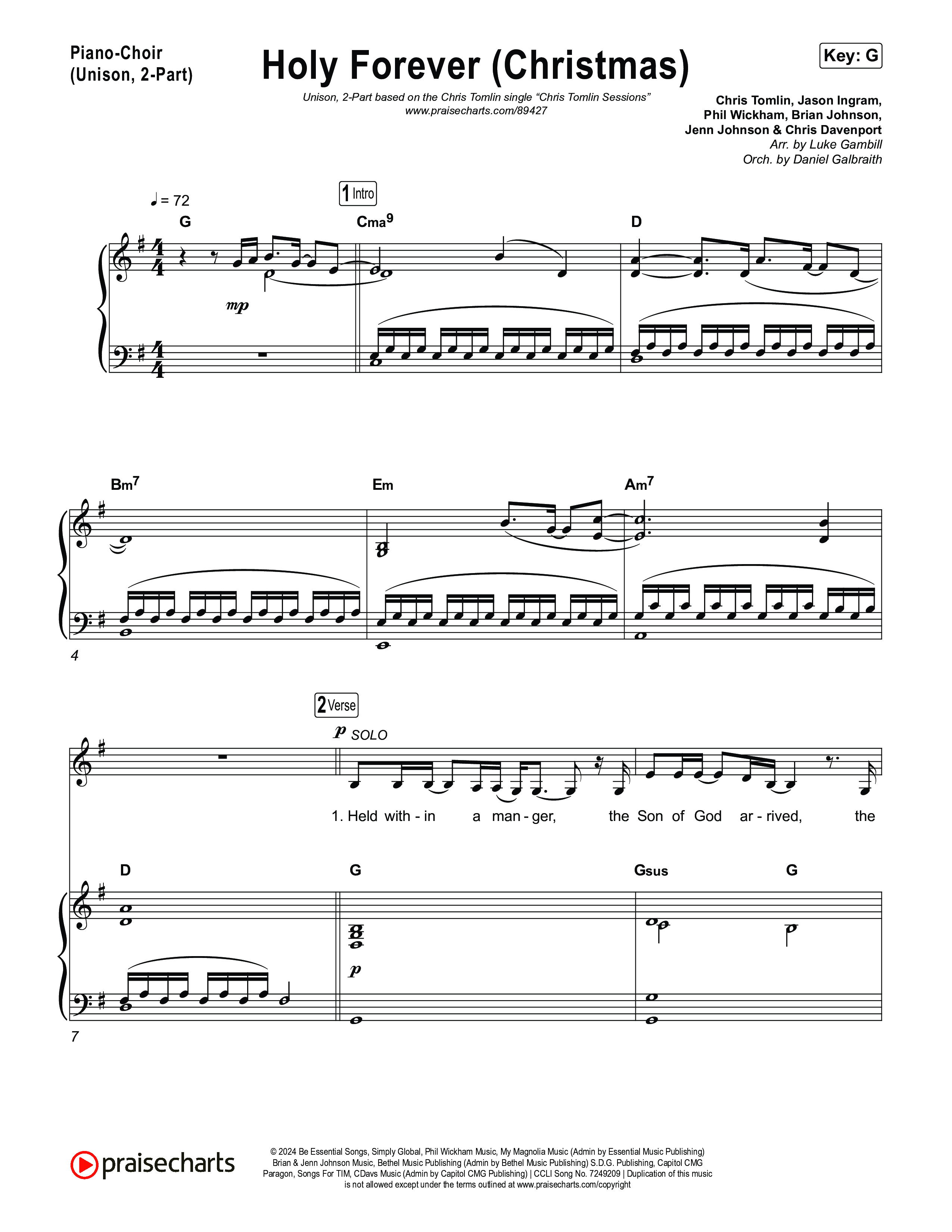 Holy Forever (Christmas) (Unison/2-Part) Piano/Choir  (Uni/2-Part) (Chris Tomlin / Arr. Luke Gambill)