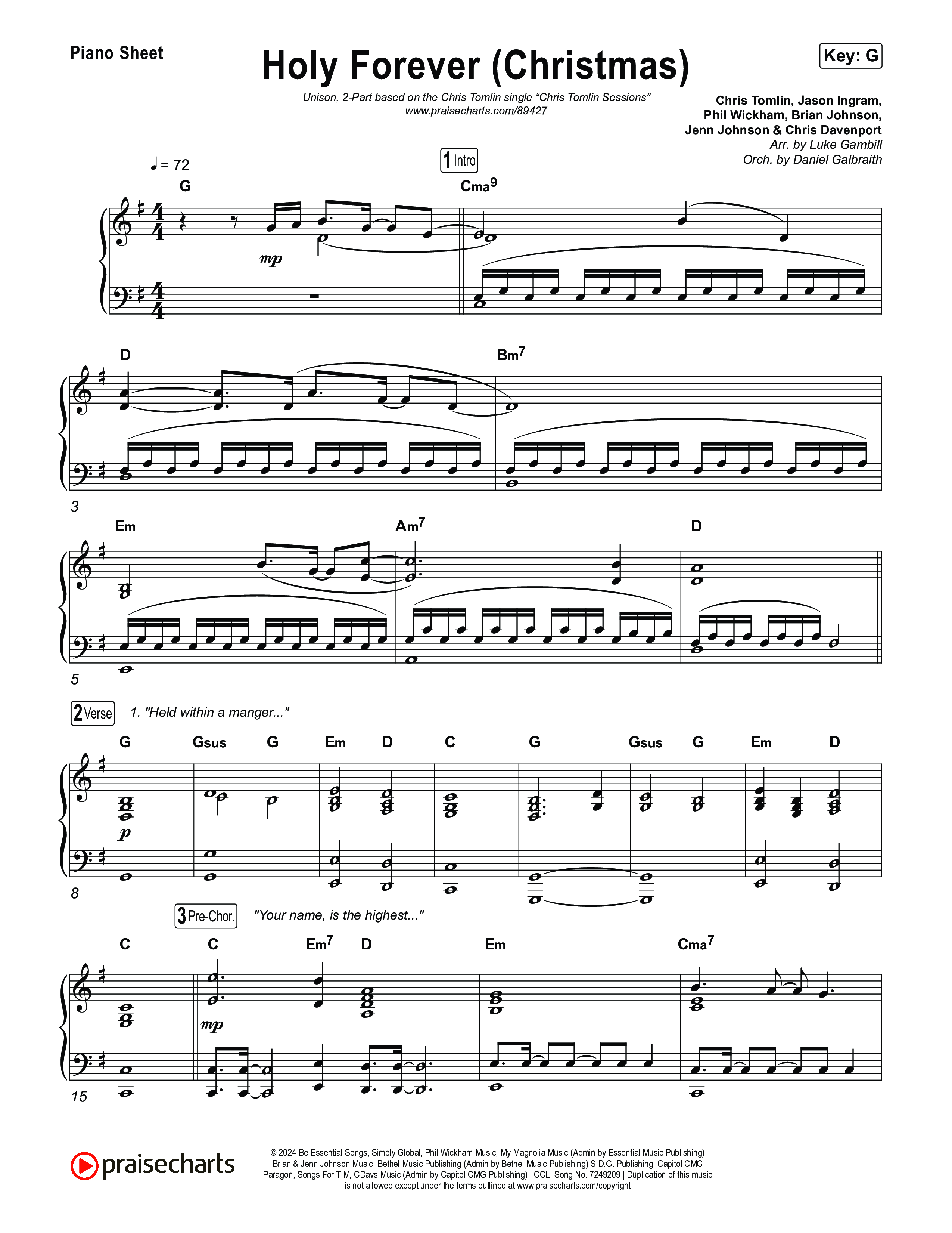 Holy Forever (Christmas) (Unison/2-Part) Piano Sheet (Chris Tomlin / Arr. Luke Gambill)