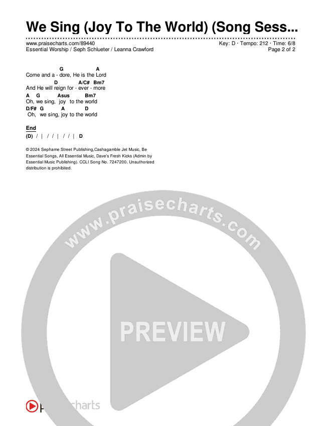 We Sing (Joy To The World) (Song Session) Chords & Lyrics (Essential Worship / Seph Schlueter / Leanna Crawford)