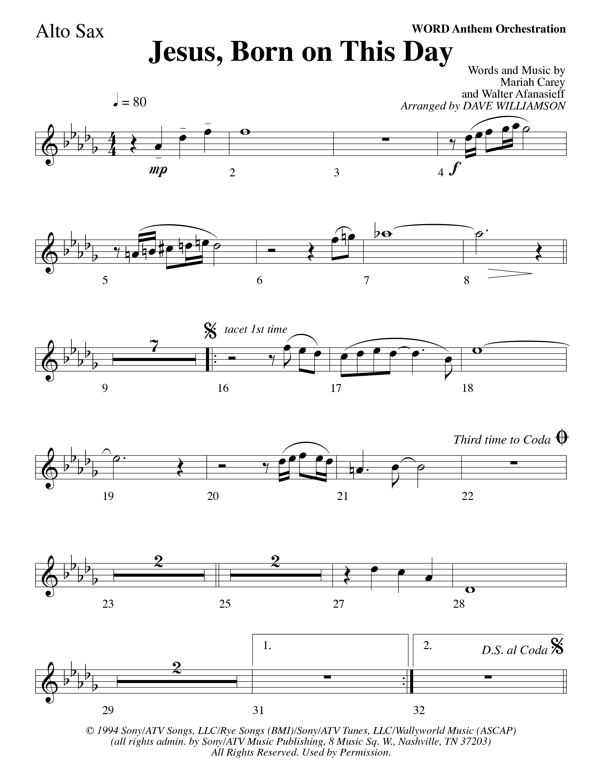 Jesus Born On This Day Alto Sax (Word Music Choral / Arr. Dave Williamson)