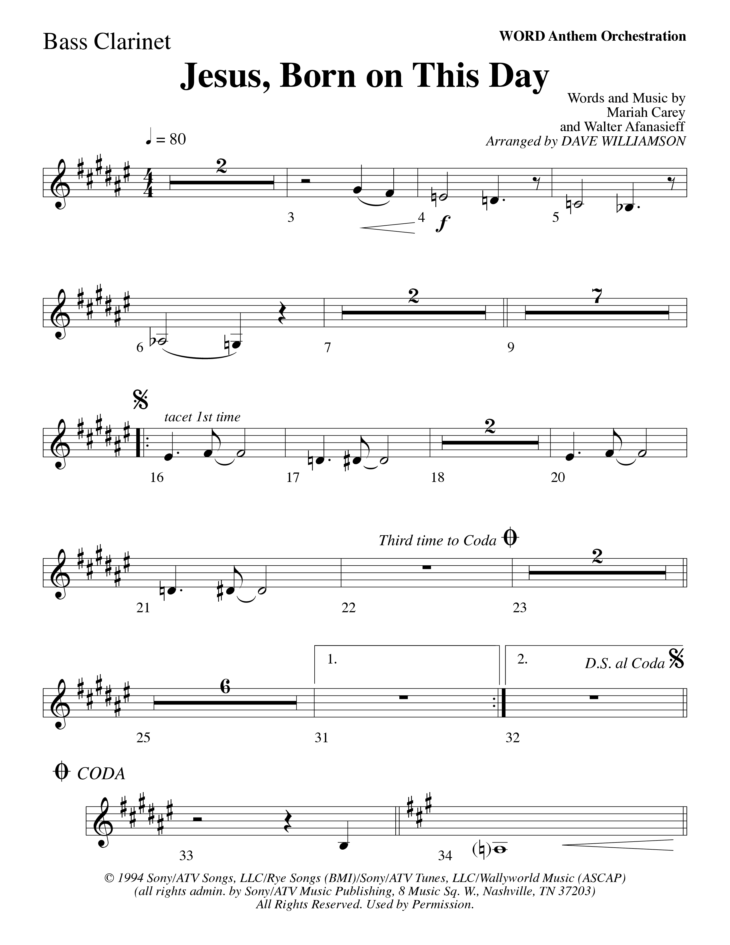 Jesus Born On This Day Bass Clarinet (Word Music Choral / Arr. Dave Williamson)
