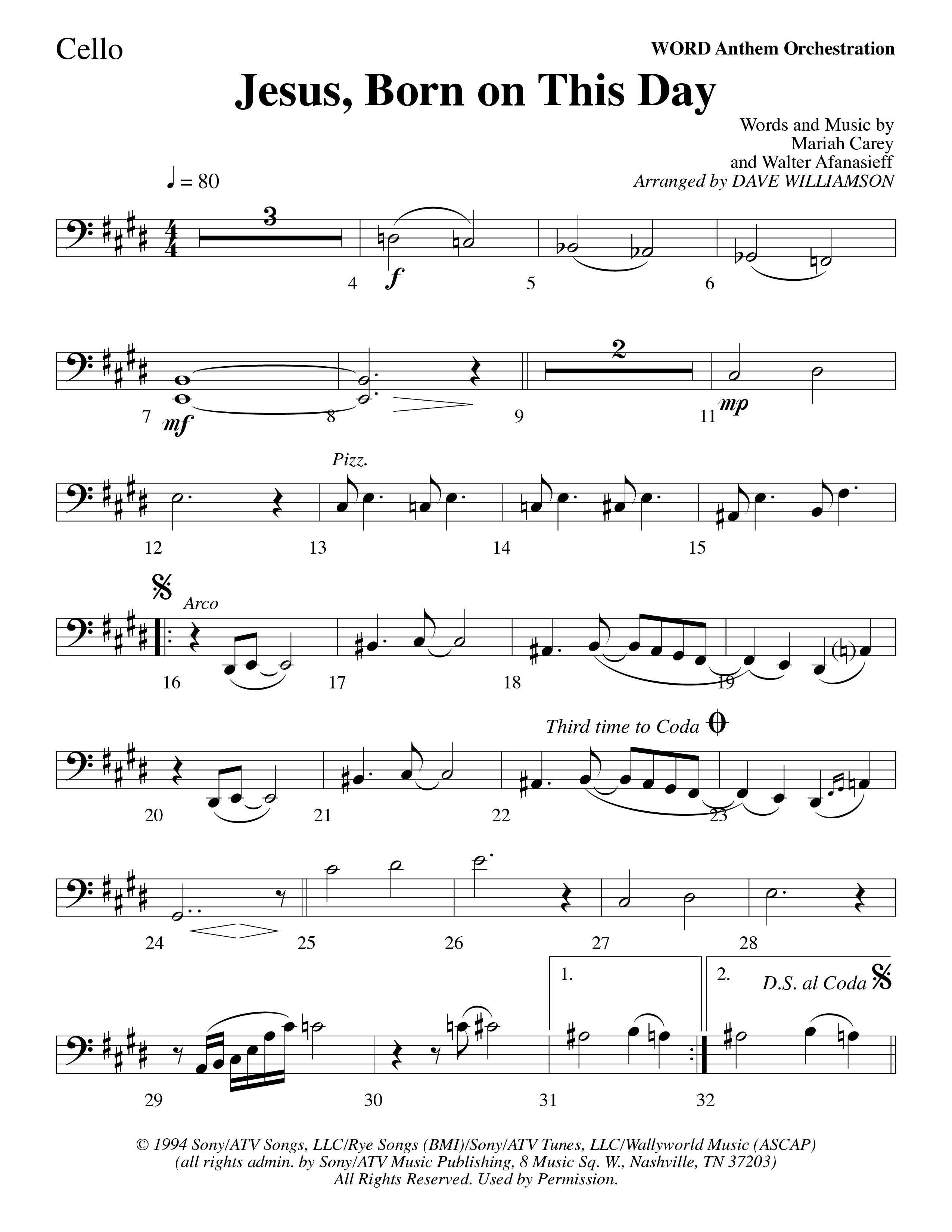 Jesus Born On This Day Cello (Word Music Choral / Arr. Dave Williamson)