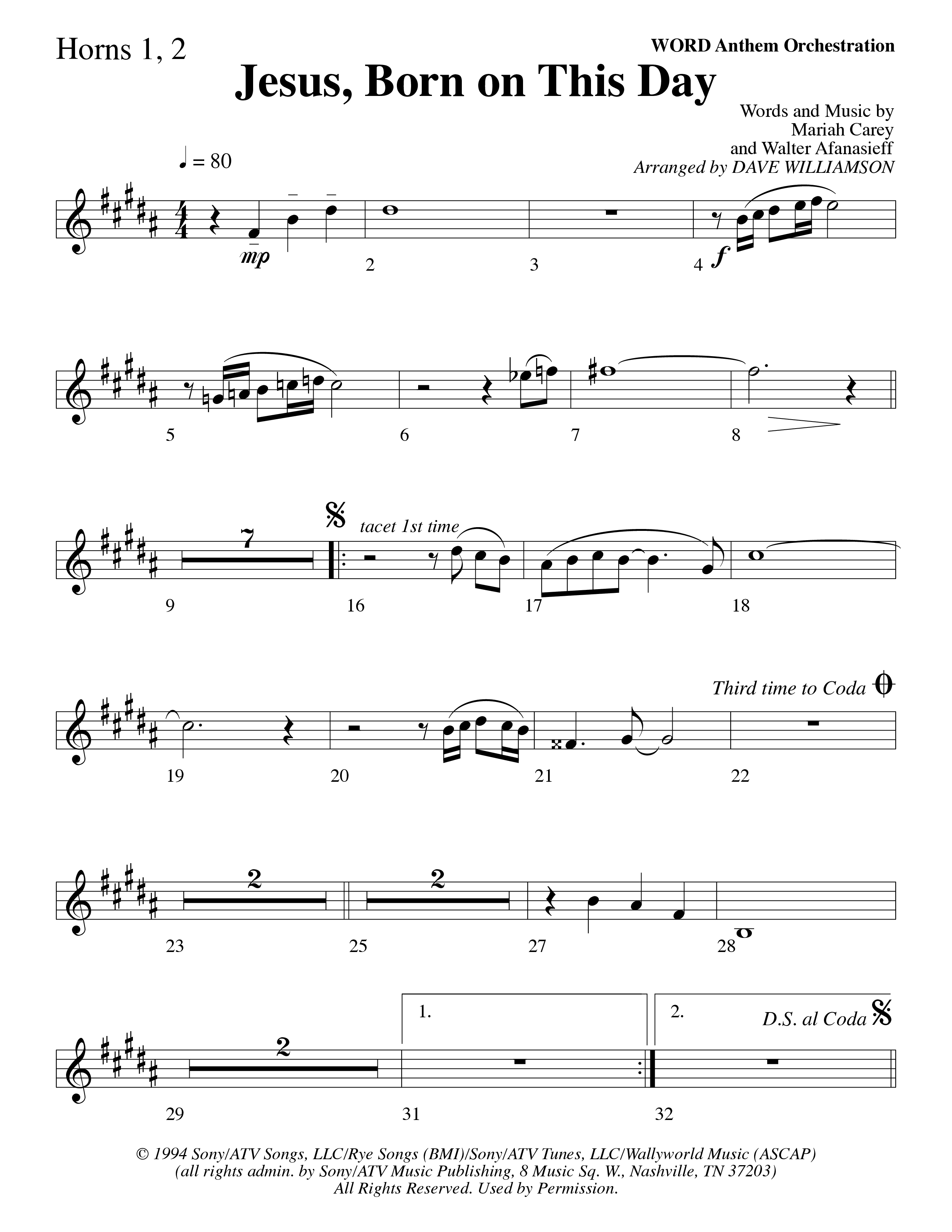 Jesus Born On This Day French Horn 1/2 (Word Music Choral / Arr. Dave Williamson)