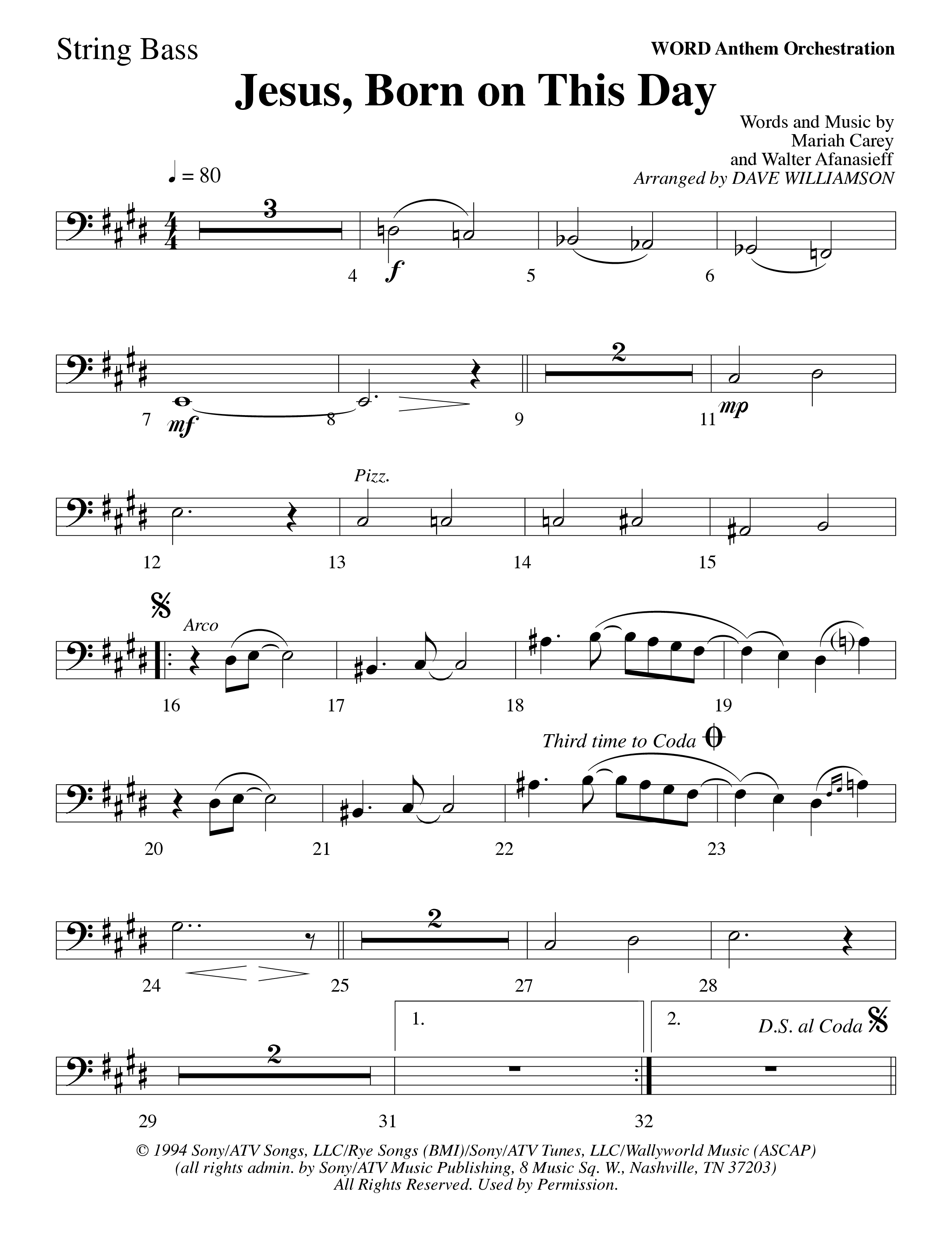 Jesus Born On This Day String Bass (Word Music Choral / Arr. Dave Williamson)