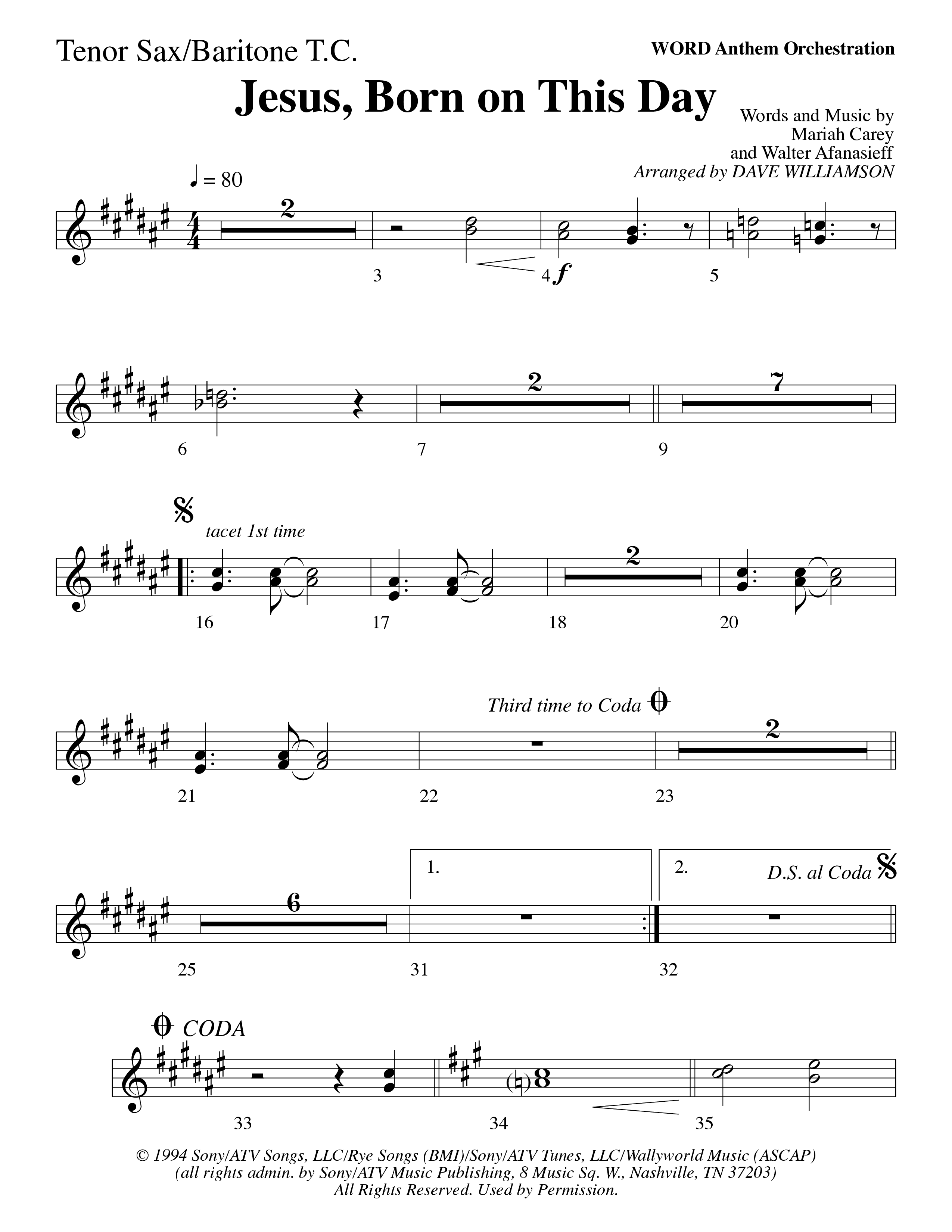 Jesus Born On This Day Tenor Sax/Baritone T.C. (Word Music Choral / Arr. Dave Williamson)