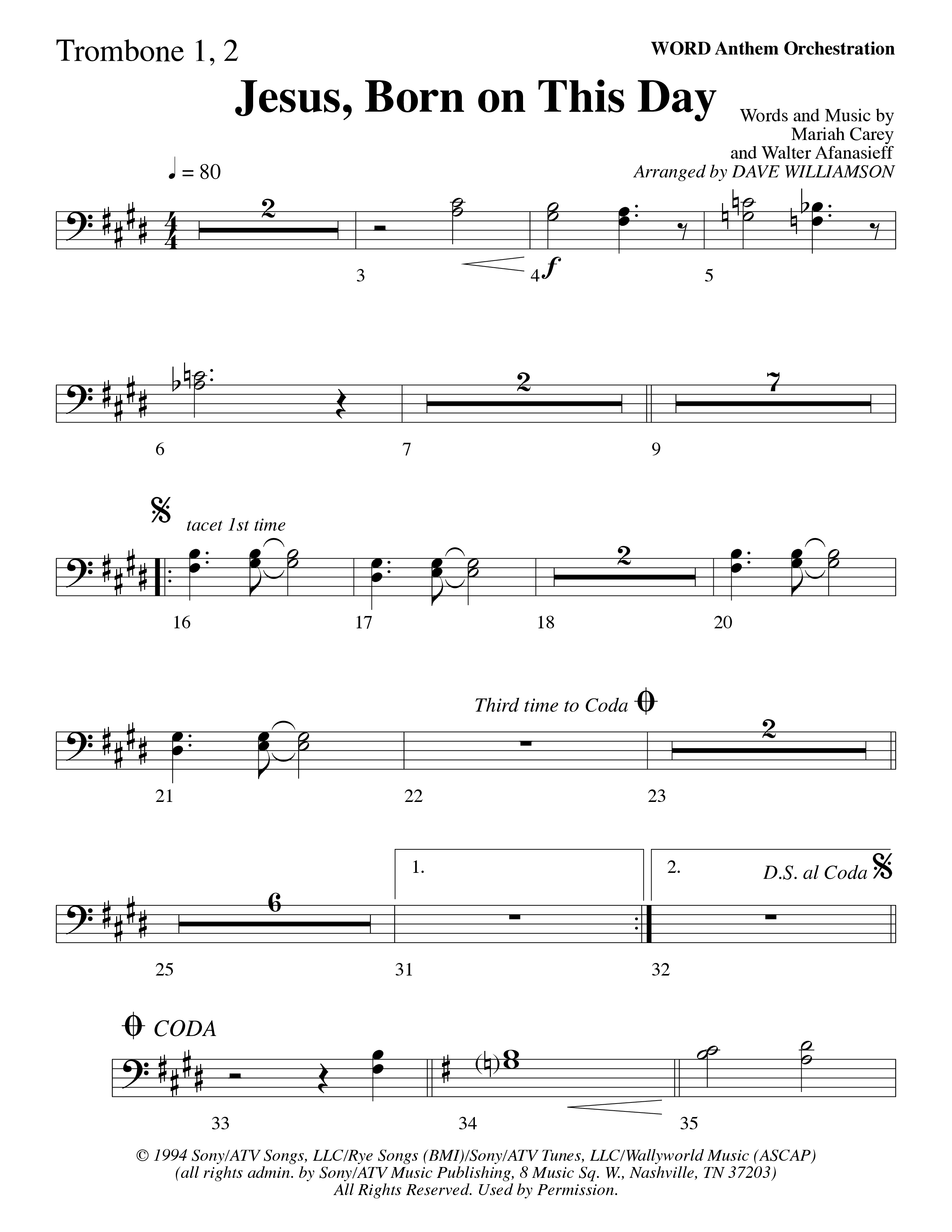 Jesus Born On This Day Trombone 1/2 (Word Music Choral / Arr. Dave Williamson)