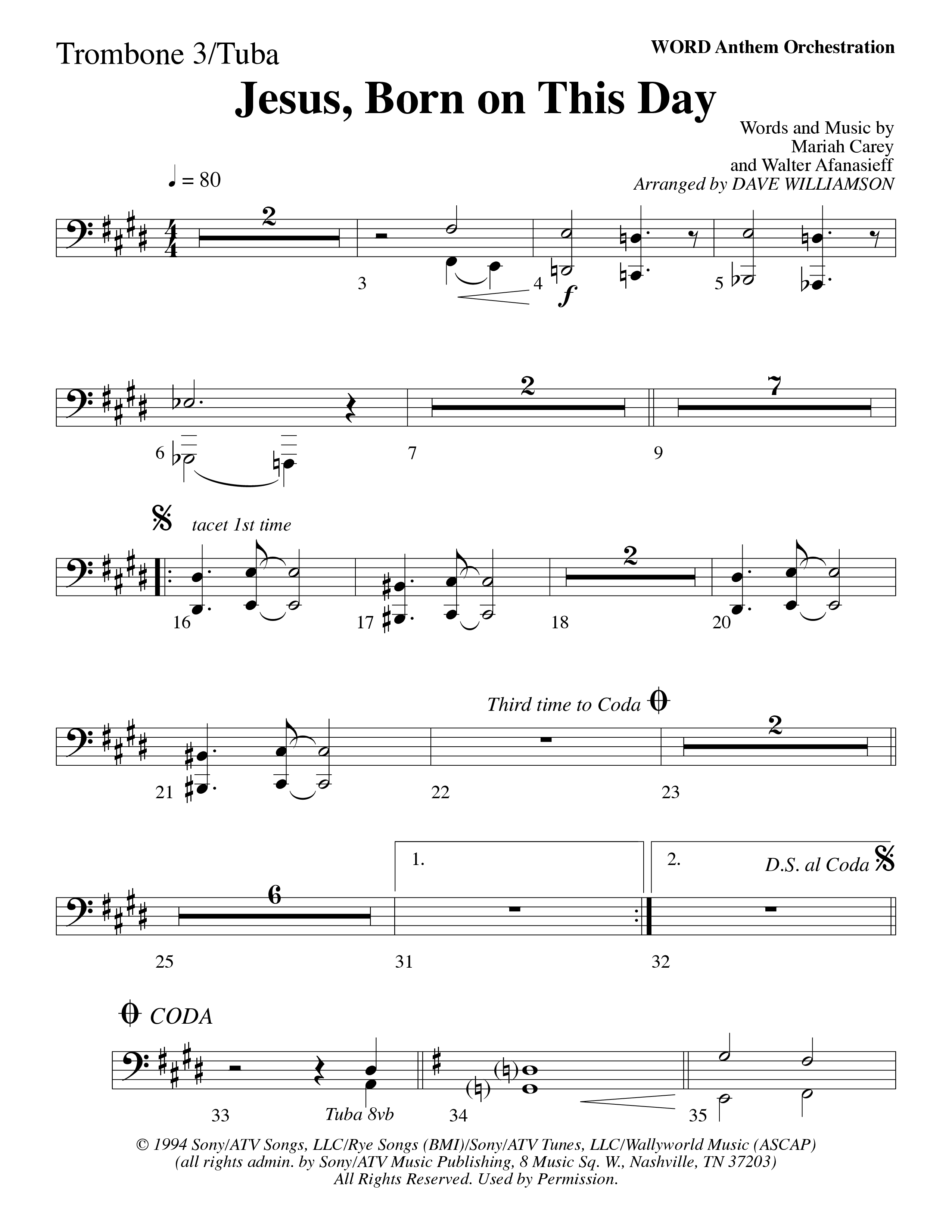 Jesus Born On This Day Trombone 3/Tuba (Word Music Choral / Arr. Dave Williamson)