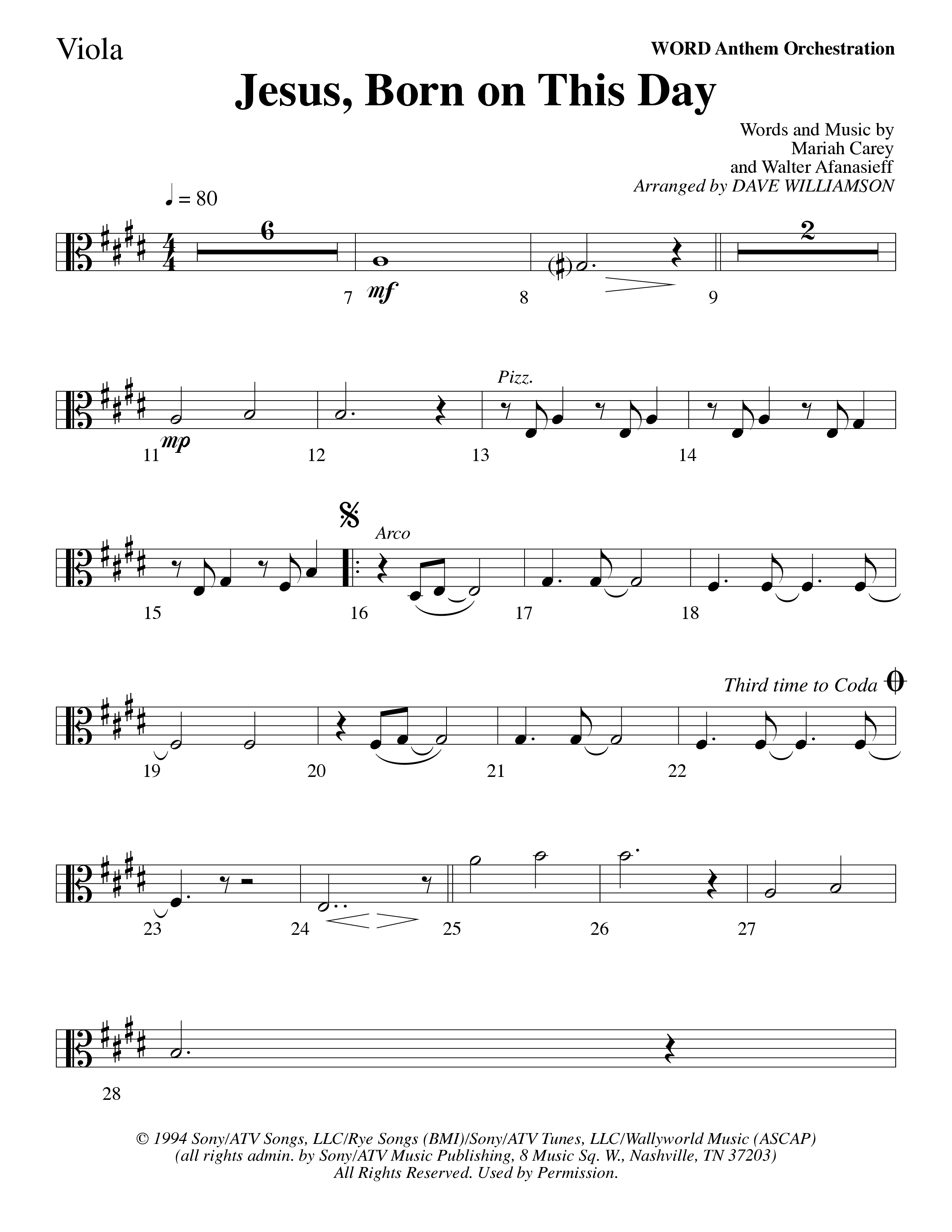 Jesus Born On This Day Viola (Word Music Choral / Arr. Dave Williamson)