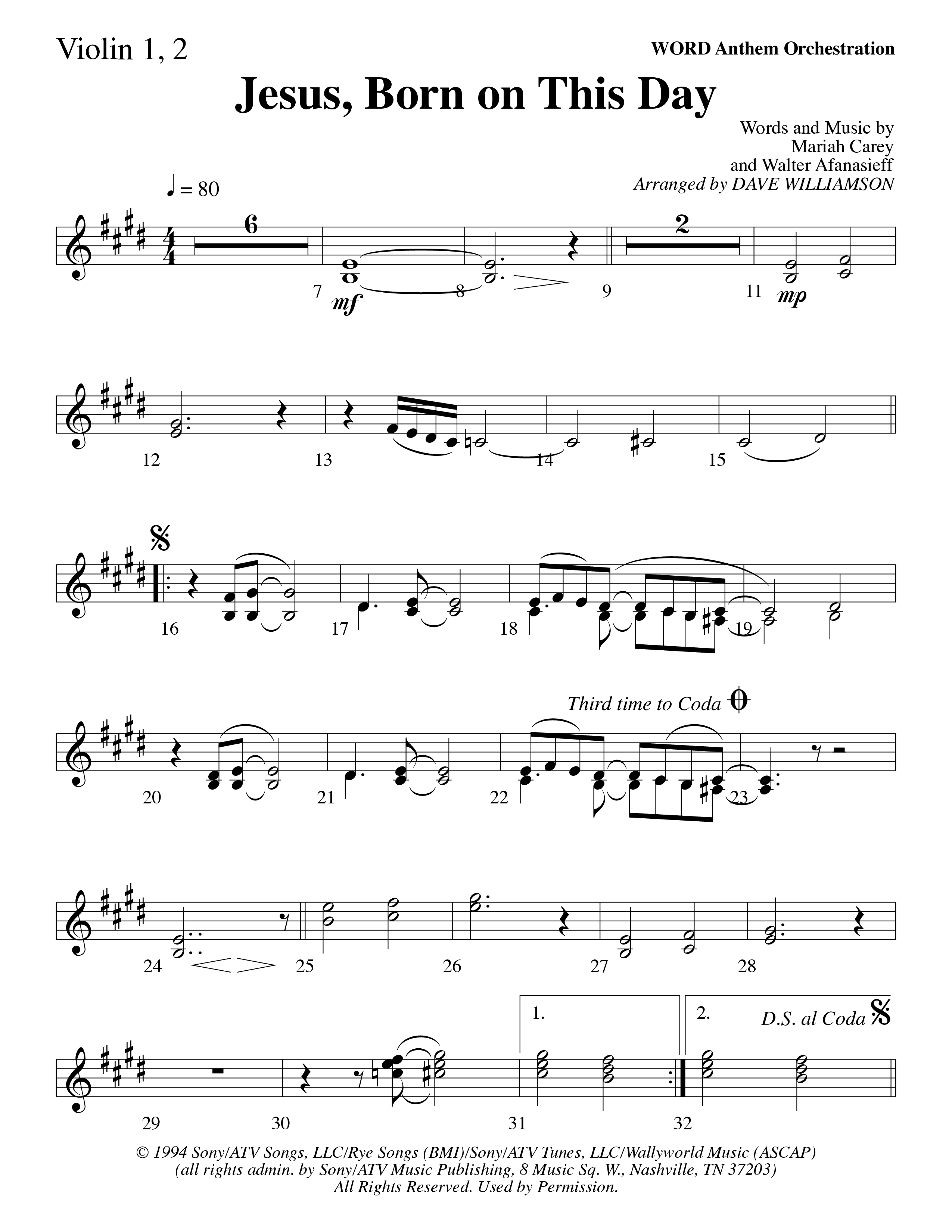 Jesus Born On This Day Violin 1/2 (Word Music Choral / Arr. Dave Williamson)