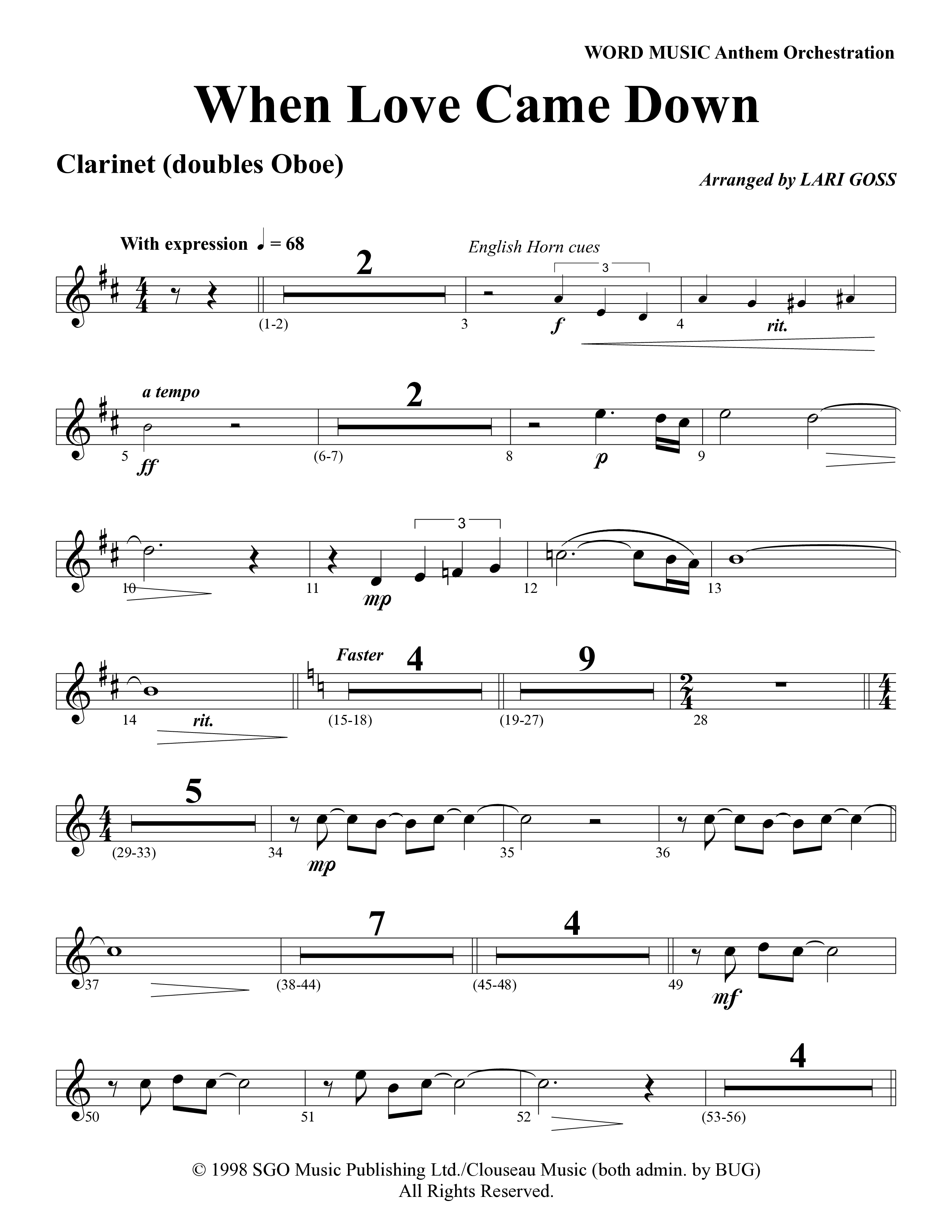 When Love Came Down (Choral Anthem SATB) Clarinet (Word Music Choral / Arr. Lari Goss)