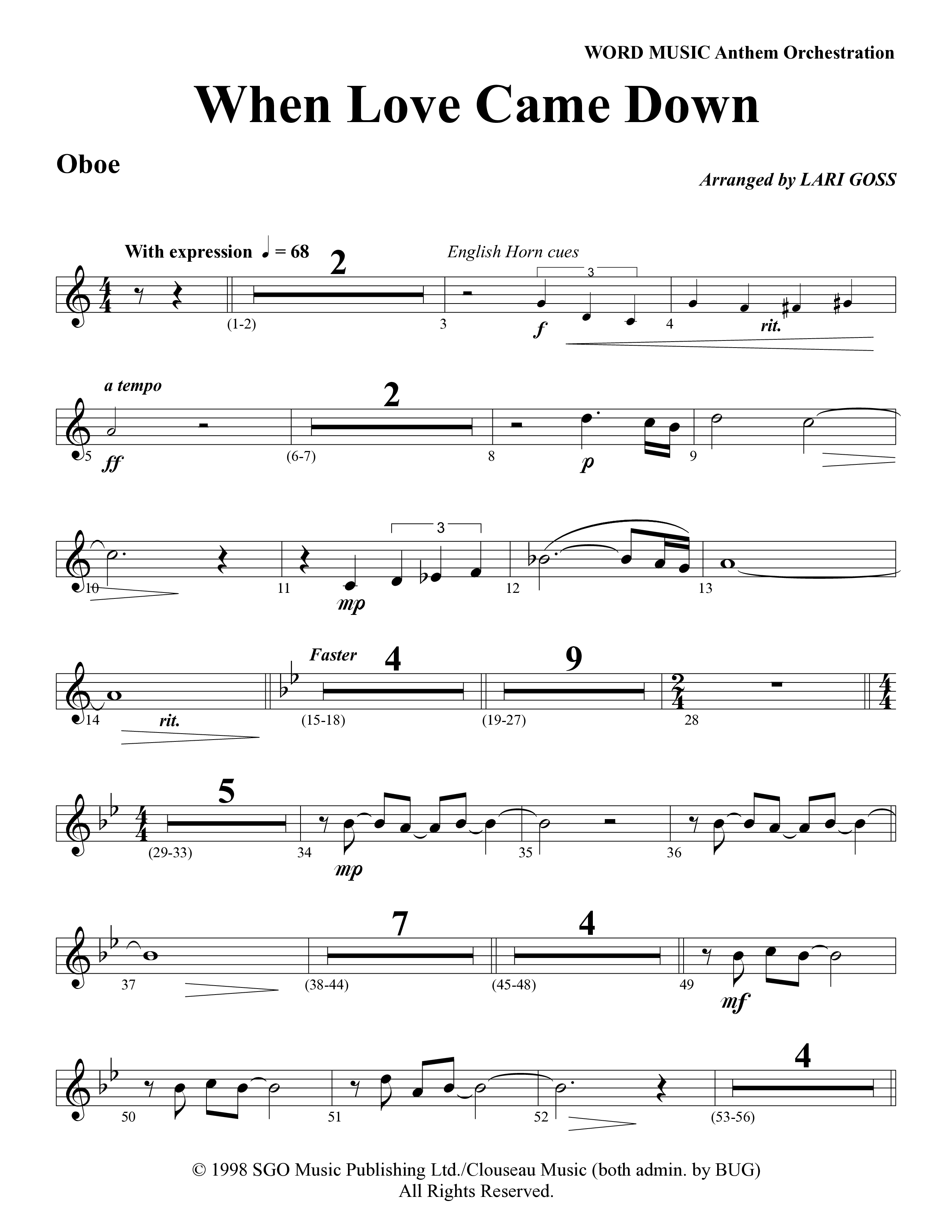 When Love Came Down (Choral Anthem SATB) Oboe (Word Music Choral / Arr. Lari Goss)