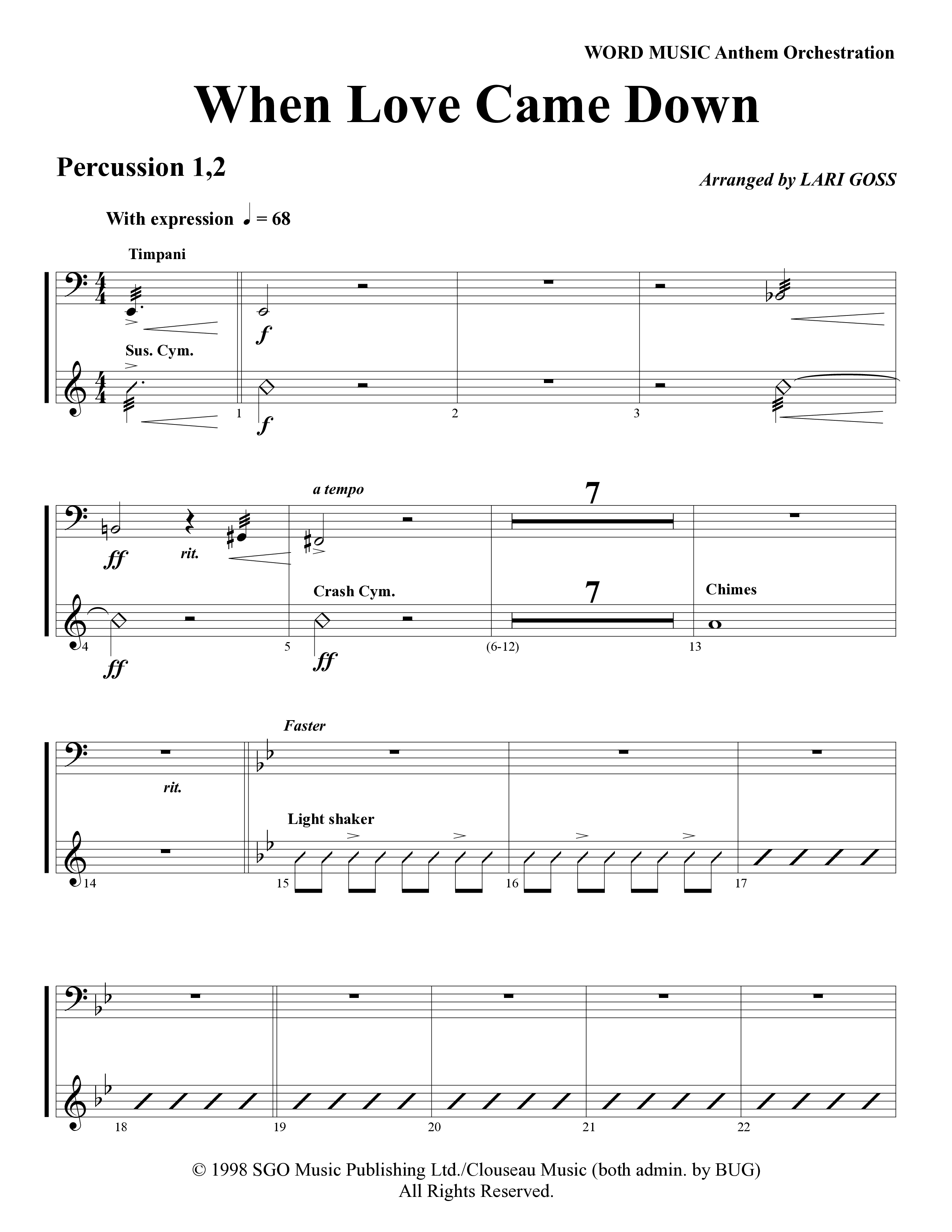 When Love Came Down (Choral Anthem SATB) Percussion 1/2 (Word Music Choral / Arr. Lari Goss)