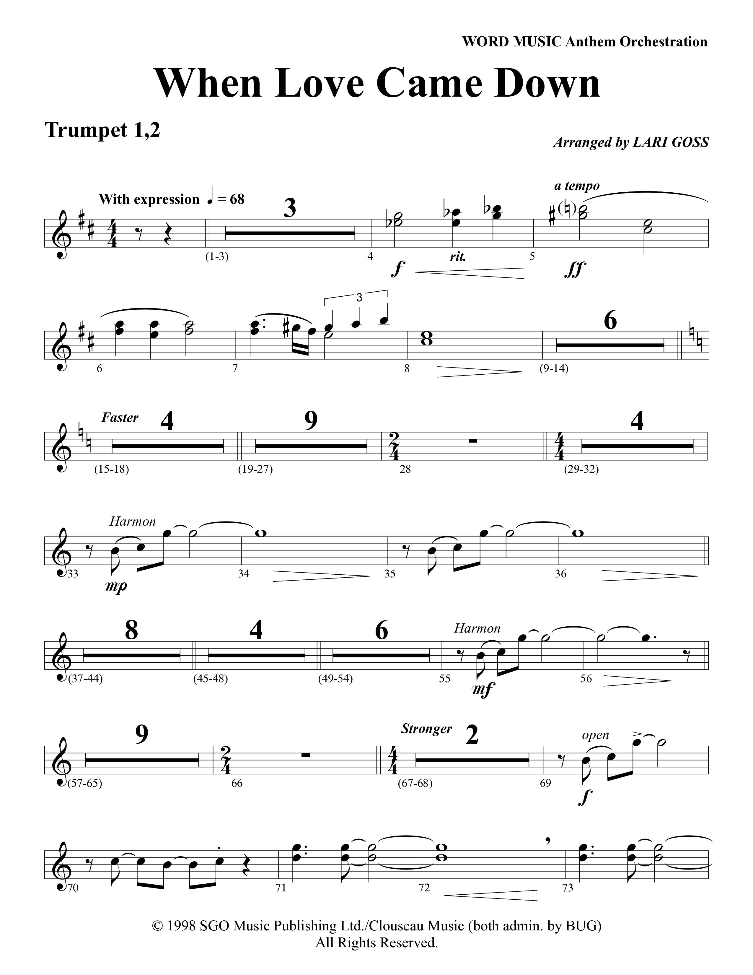 When Love Came Down (Choral Anthem SATB) Trumpet 1,2 (Word Music Choral / Arr. Lari Goss)