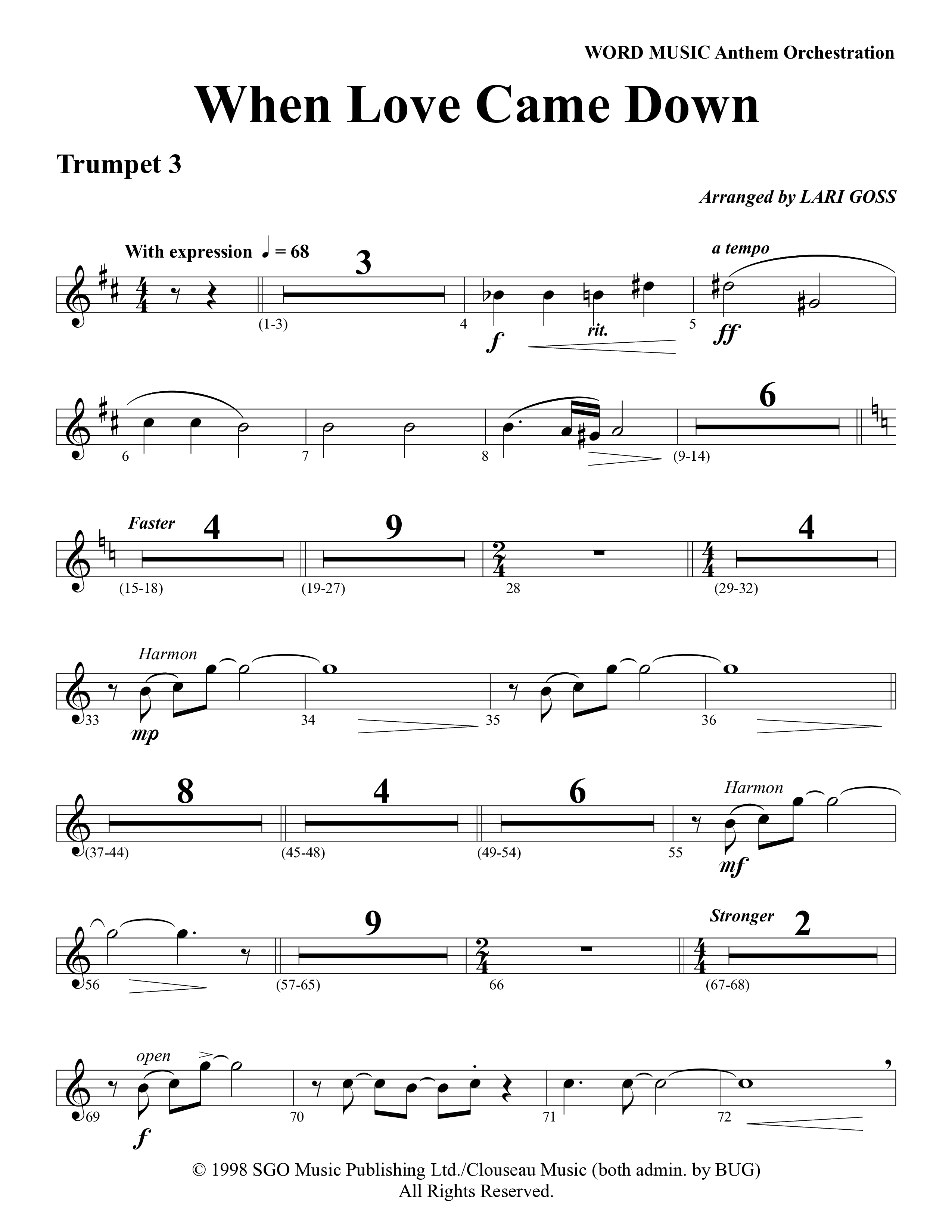 When Love Came Down (Choral Anthem SATB) Trumpet 3 (Word Music Choral / Arr. Lari Goss)