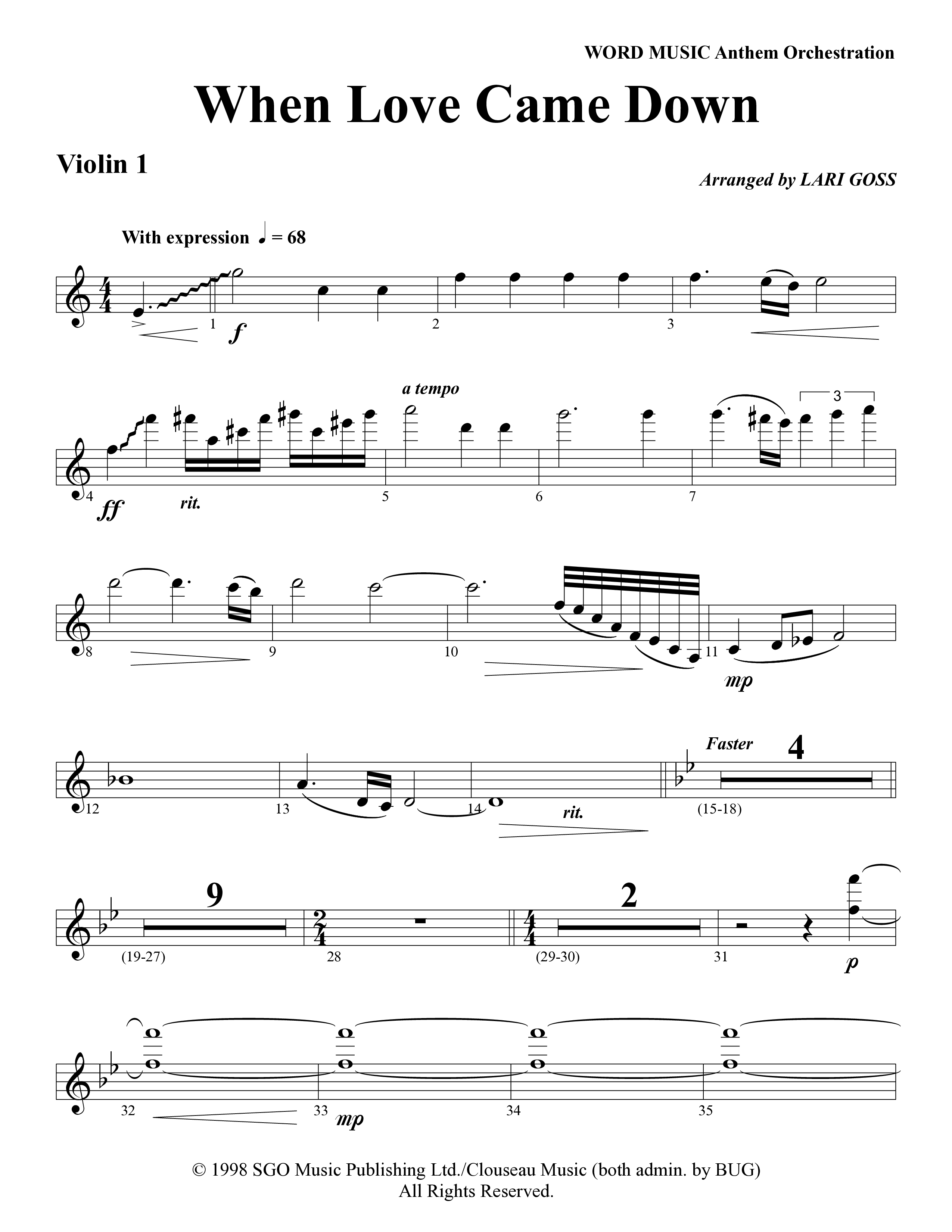 When Love Came Down (Choral Anthem SATB) Violin 1 (Word Music Choral / Arr. Lari Goss)