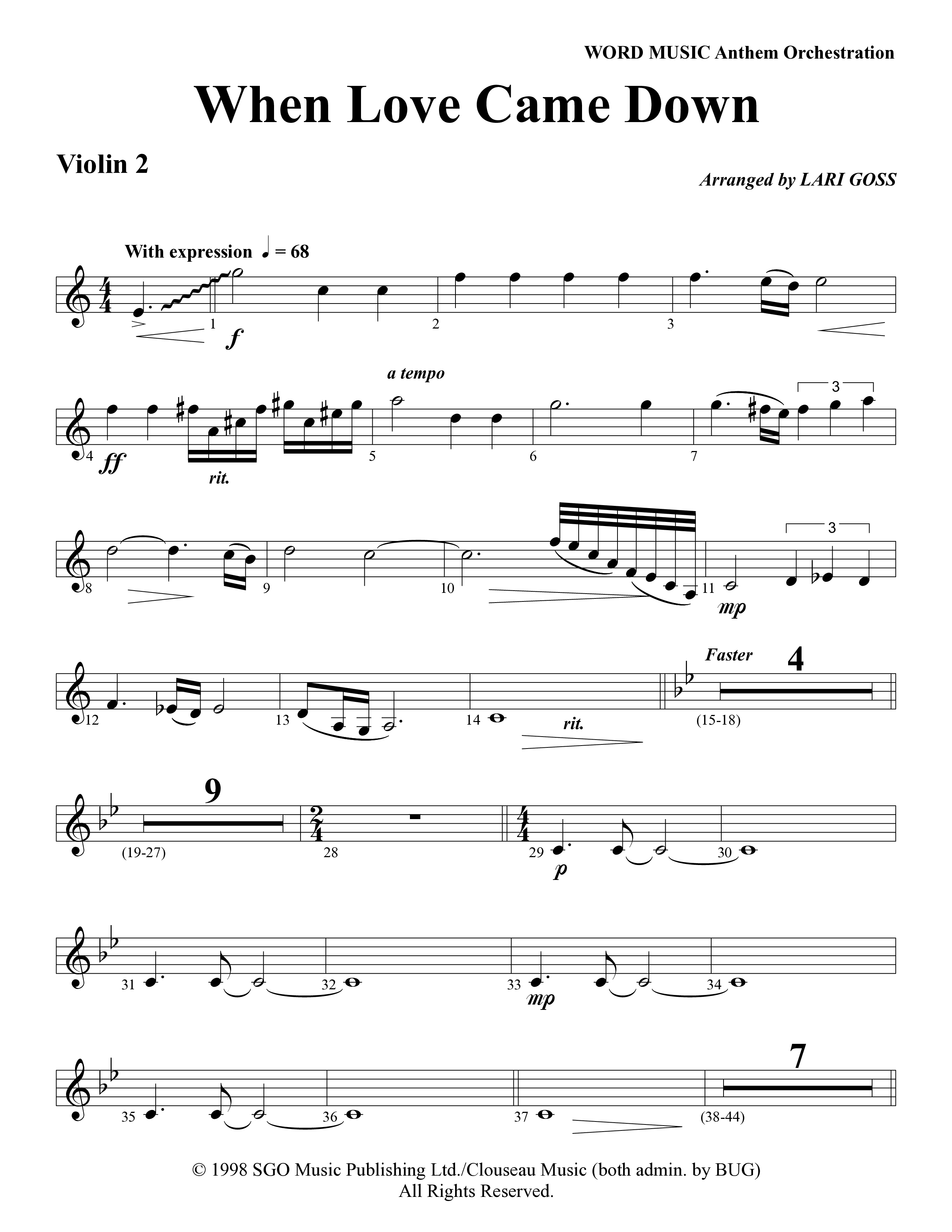 When Love Came Down (Choral Anthem SATB) Violin 2 (Word Music Choral / Arr. Lari Goss)