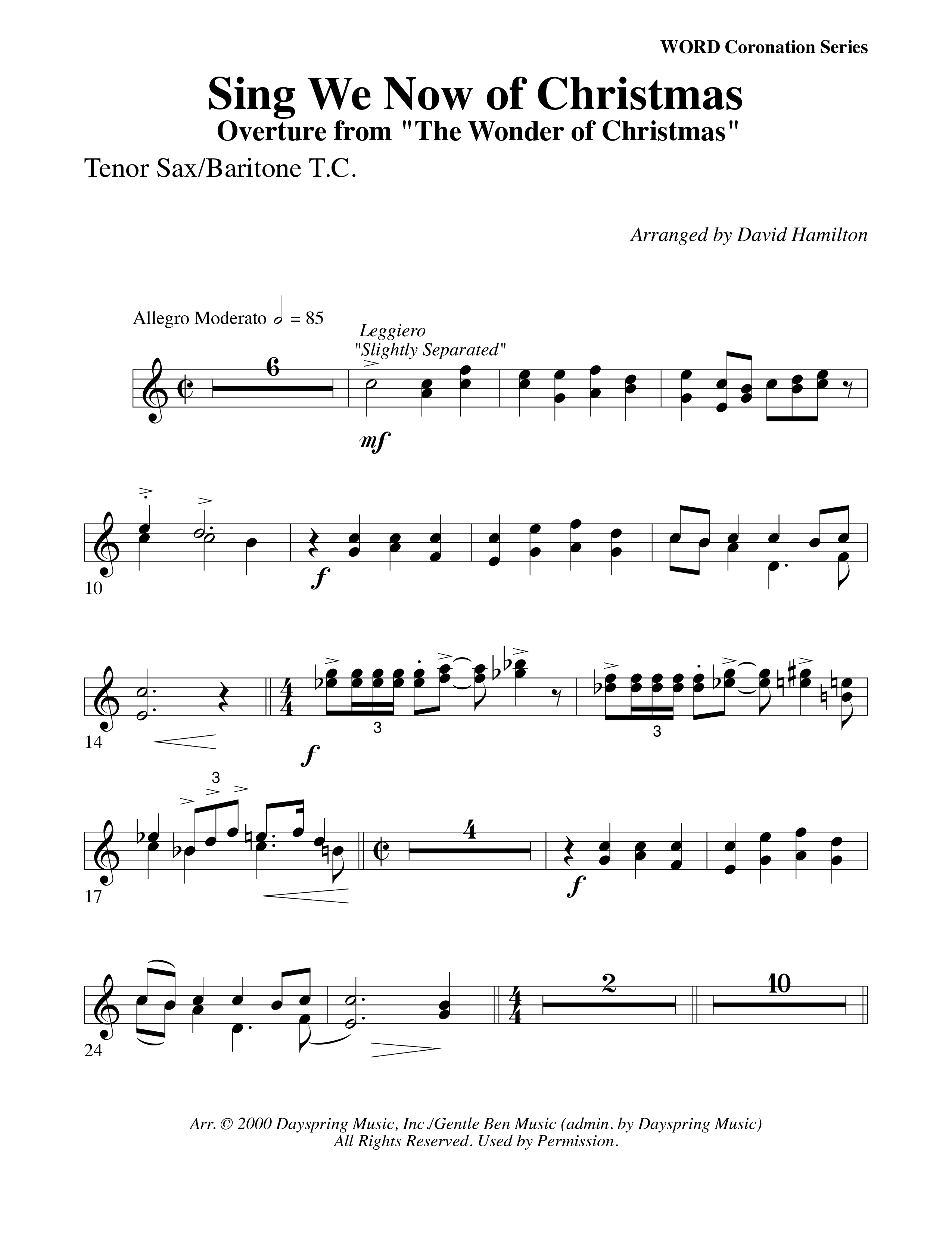 Sing We Now Of Christmas (Instrumental) Tenor Sax/Baritone T.C. (Word Music Choral / Arr. David Hamilton)