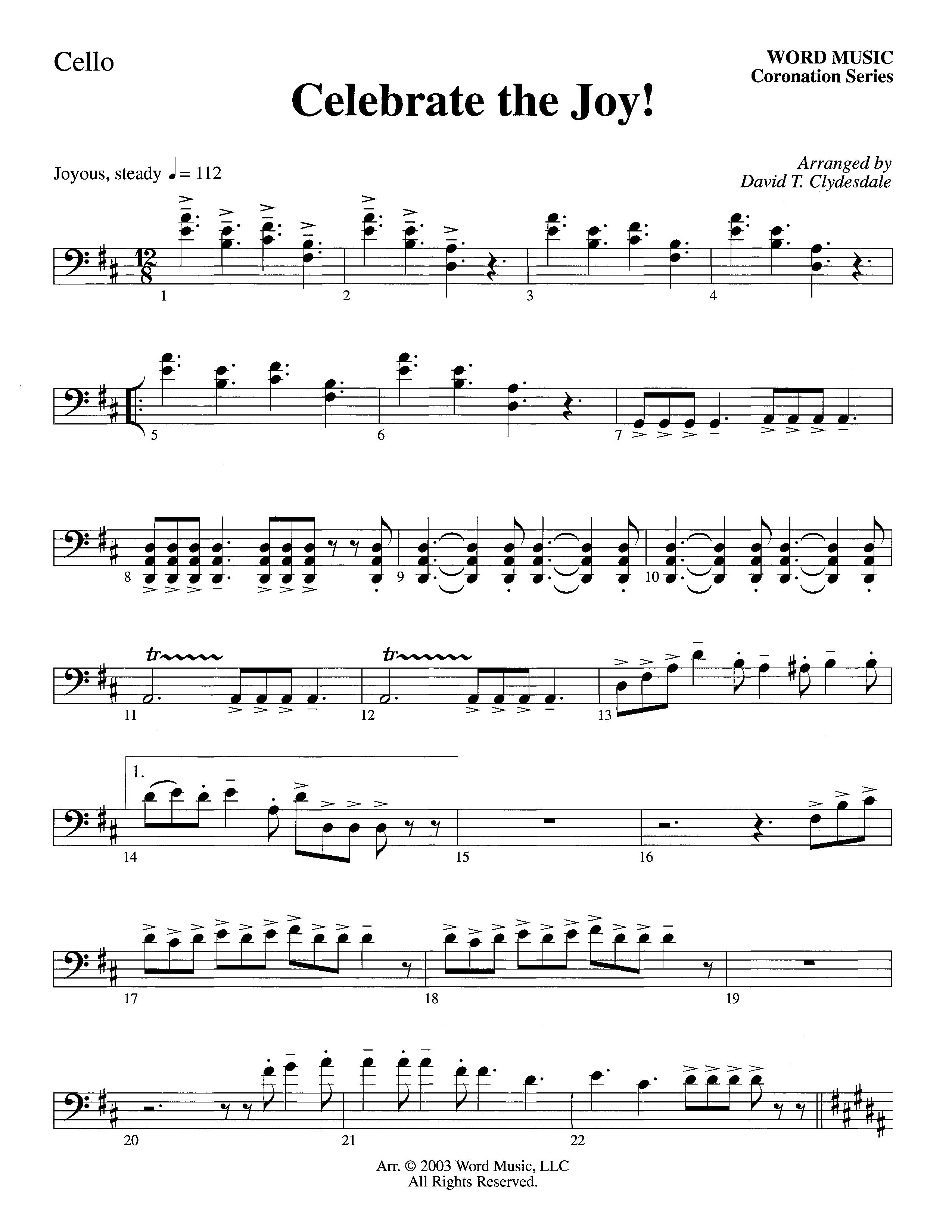 Celebrate The Joy (Instrumental) Cello (Word Music Choral / Arr. David Clydesdale)