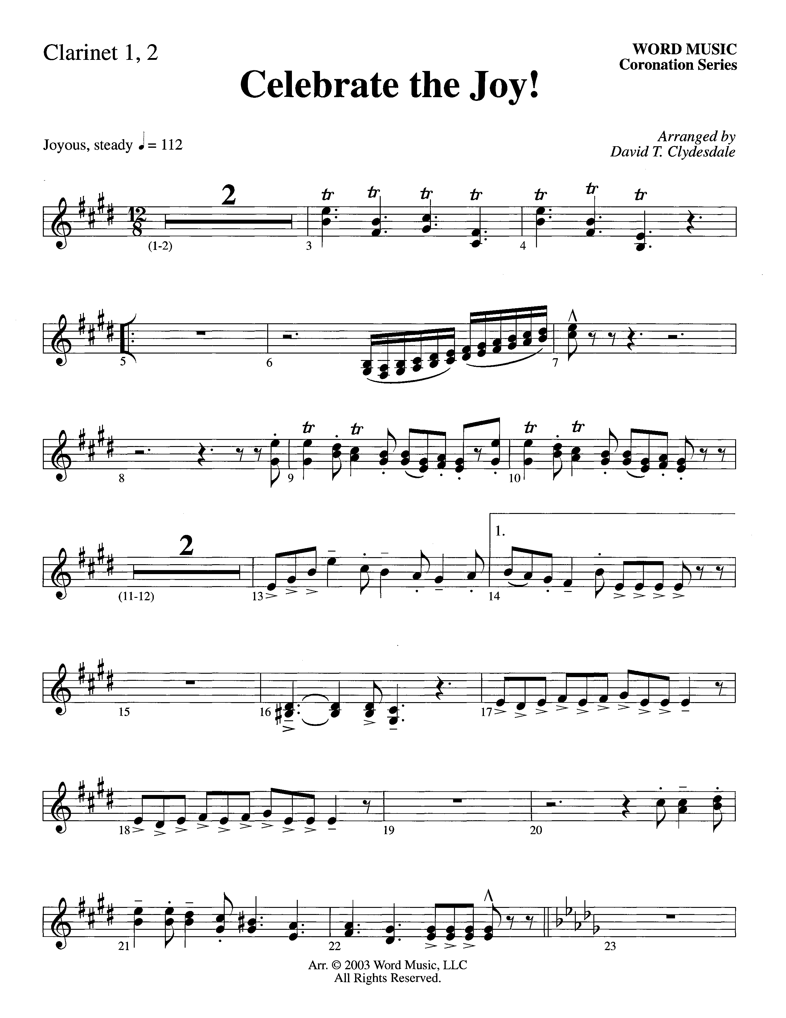Celebrate The Joy (Instrumental) Clarinet 1/2 (Word Music Choral / Arr. David Clydesdale)