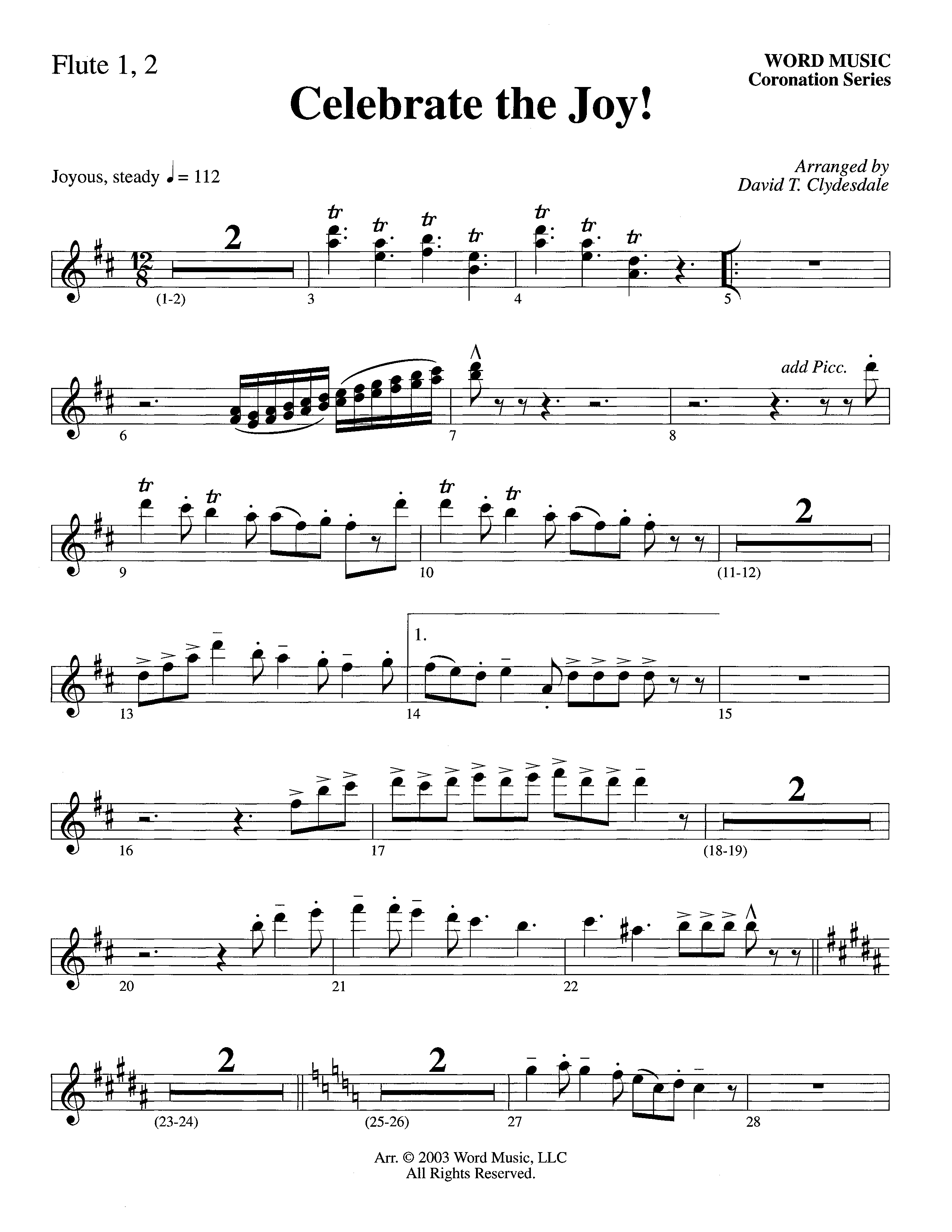 Celebrate The Joy (Instrumental) Flute 1/2 (Word Music Choral / Arr. David Clydesdale)